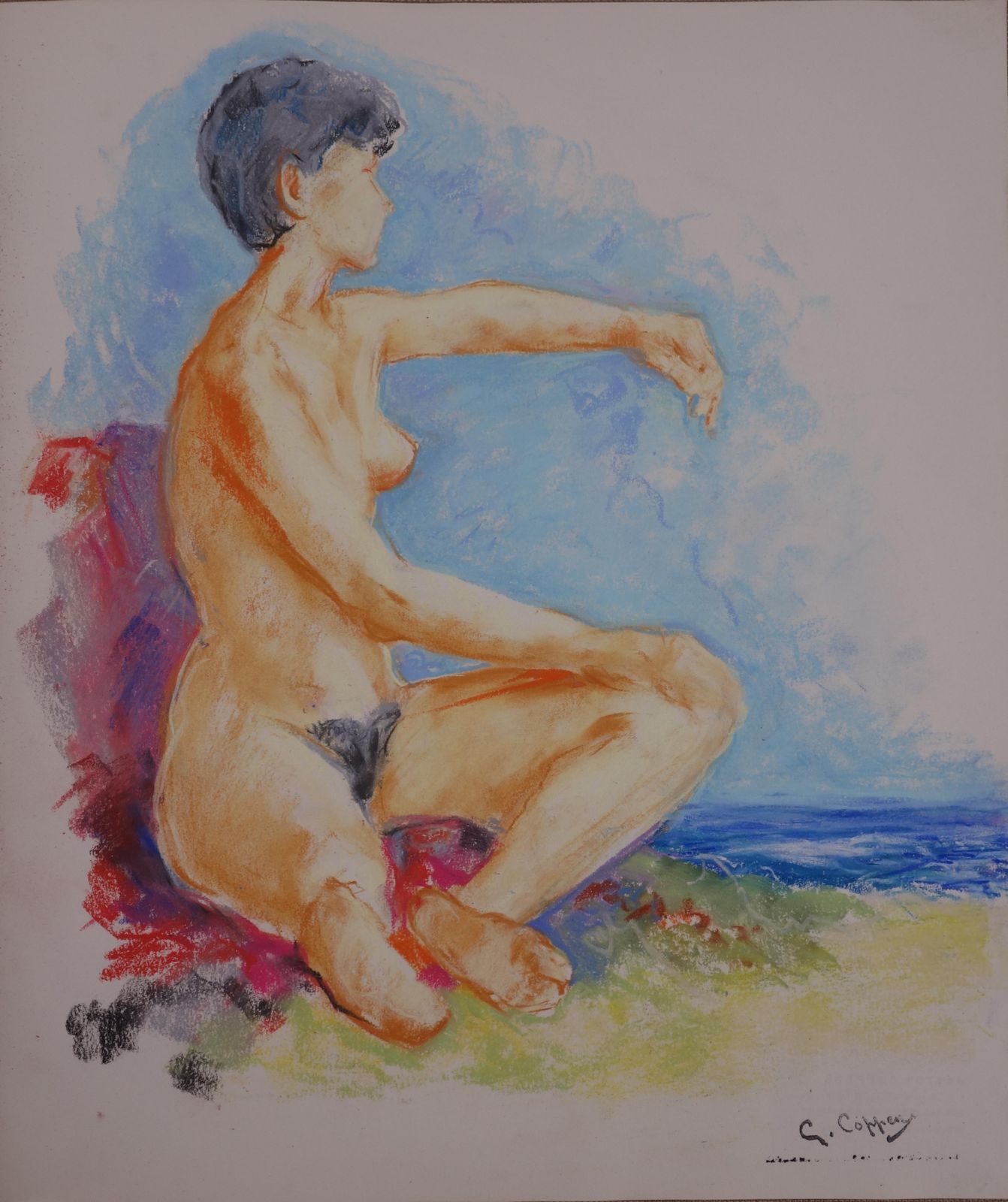 Gaston Coppensmodel Looking At The Sea   Original Charcoals Drawing