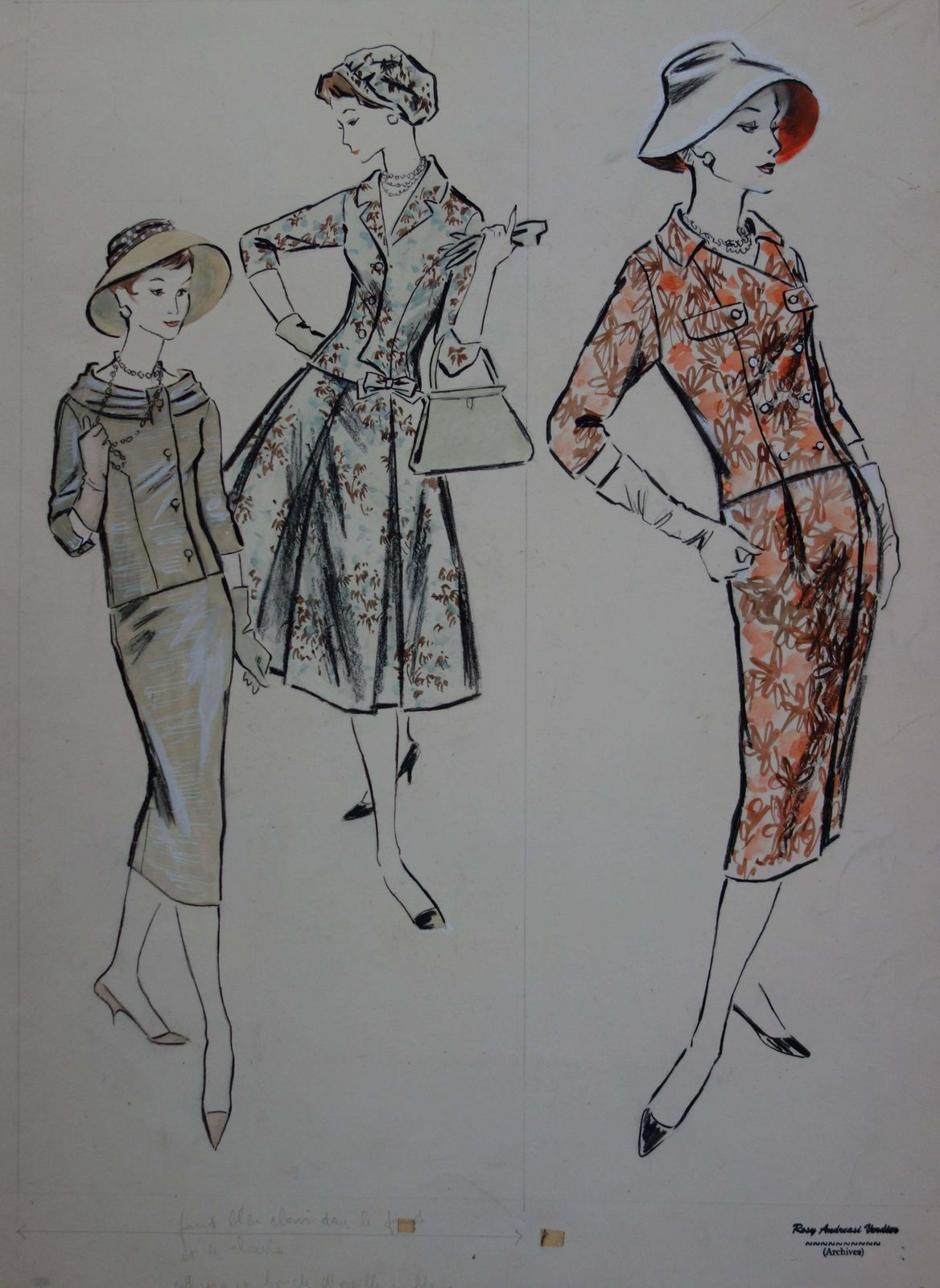 Rosy Andreasi Verdiermode Drawing : Three Colorful Dresses   Original Watercolor & Gouache Drawing