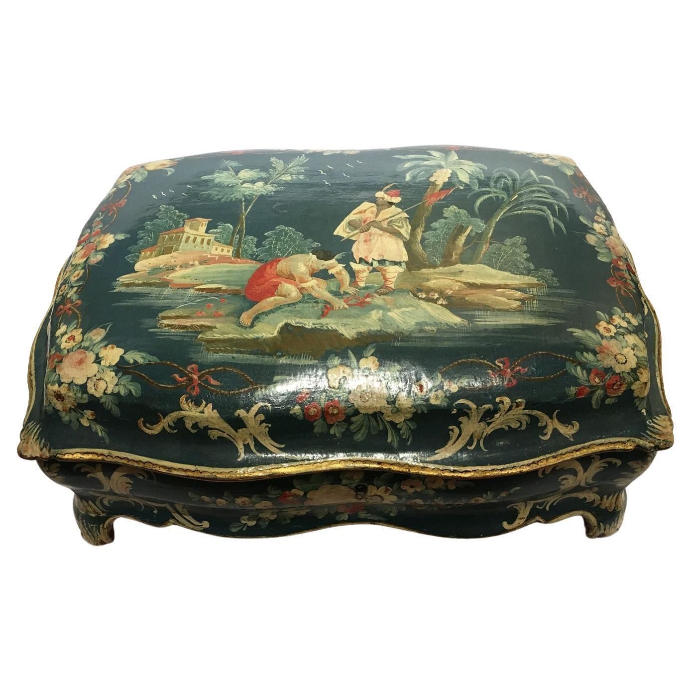 1750 Venezia Italy Blue Lacquered Wooden Box With Flowers And Figures