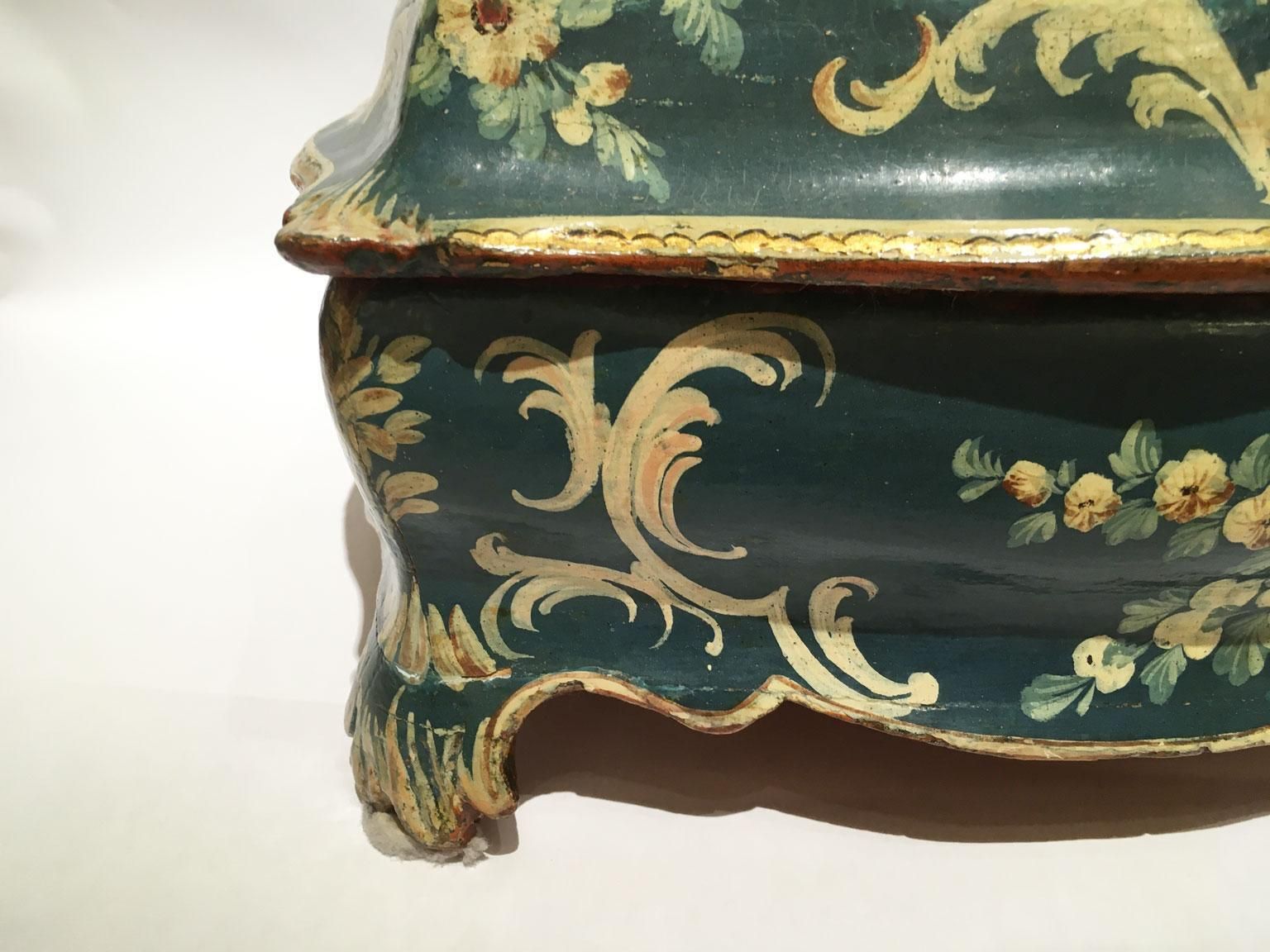 1750 Venezia Italy Blue Lacquered Wooden Box With Flowers And Figures photo vinterior