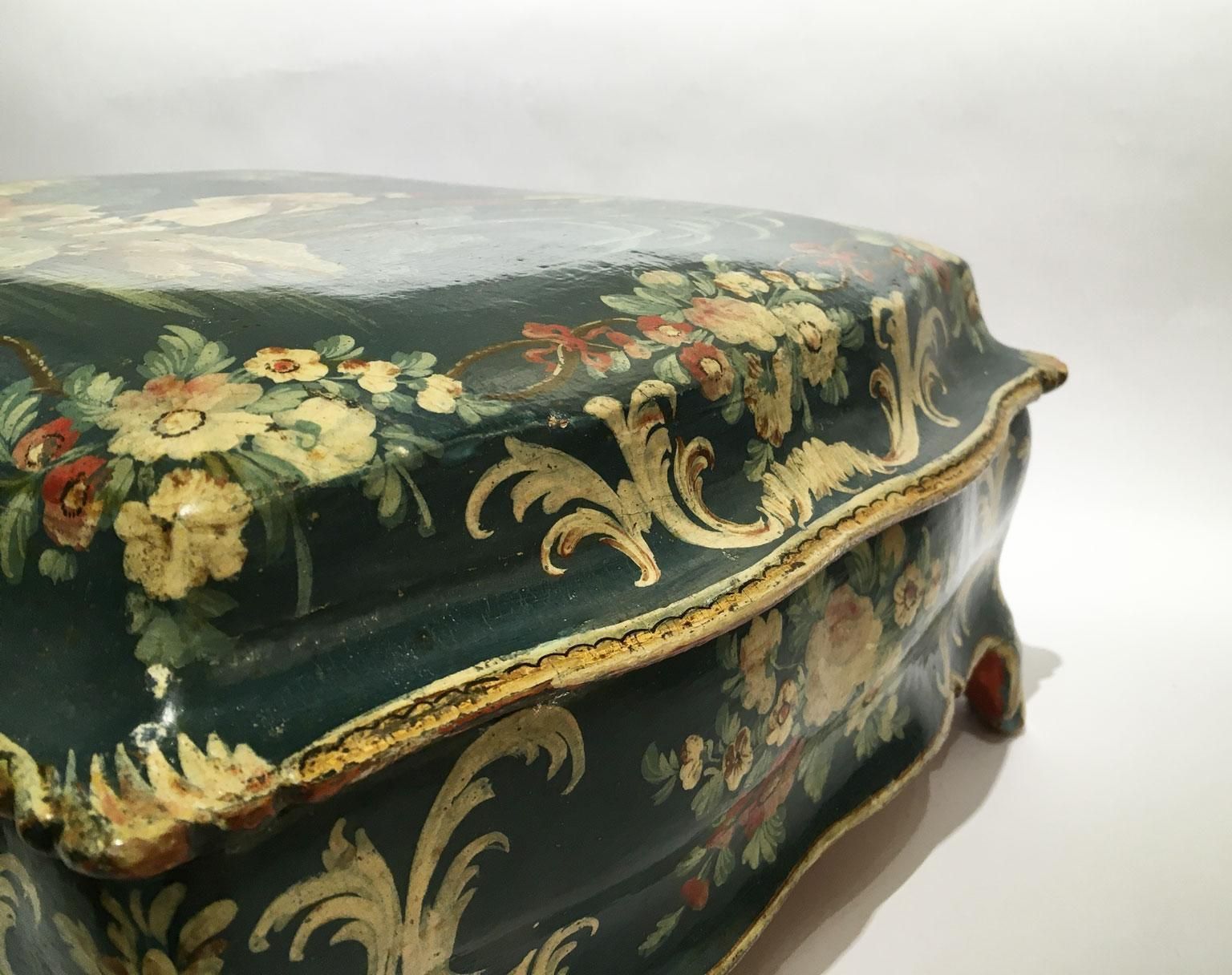 photo furniture 1750 Venezia Italy Blue Lacquered Wooden Box With Flowers And Figures