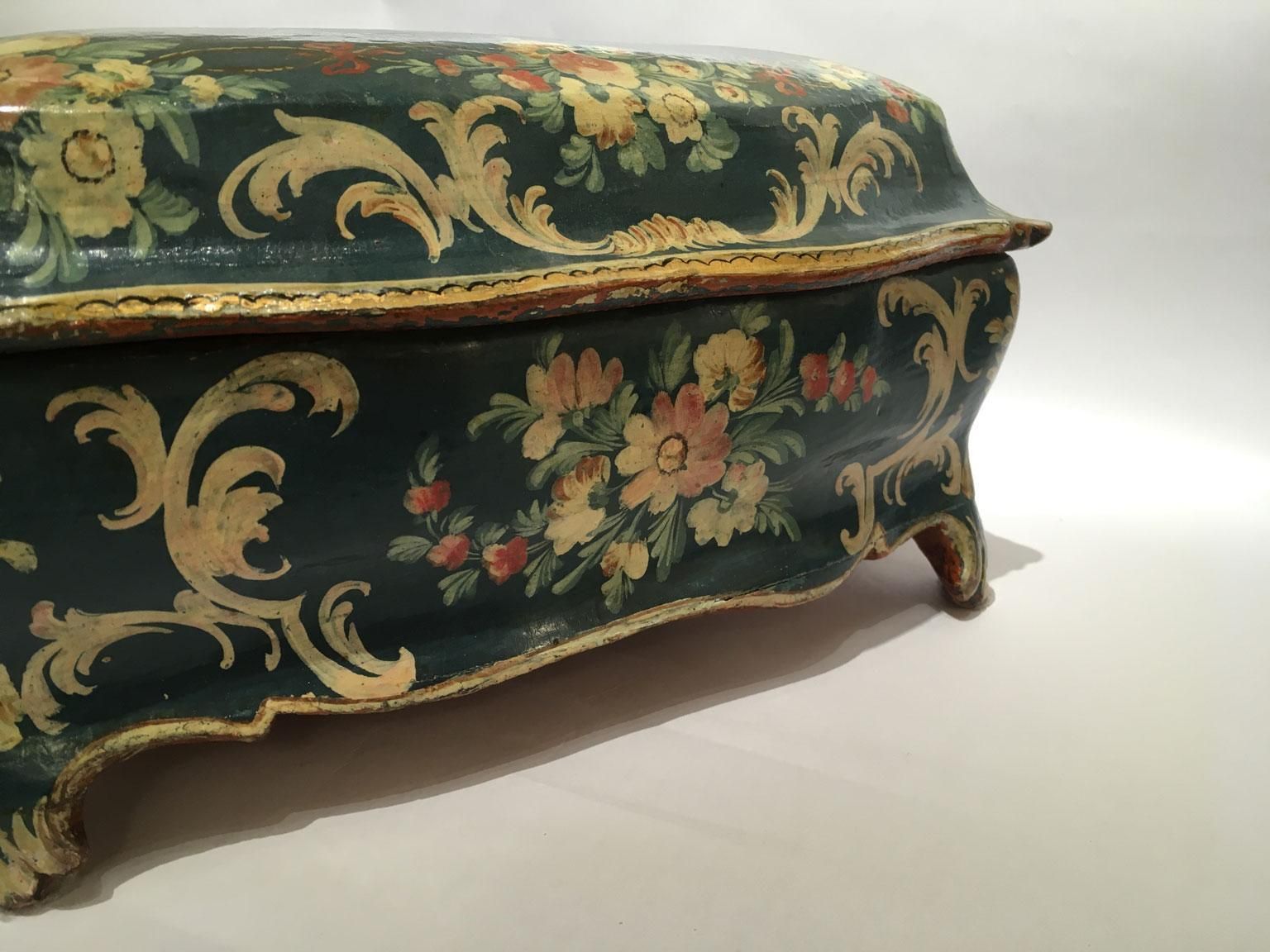 photo buy 1750 Venezia Italy Blue Lacquered Wooden Box With Flowers And Figures