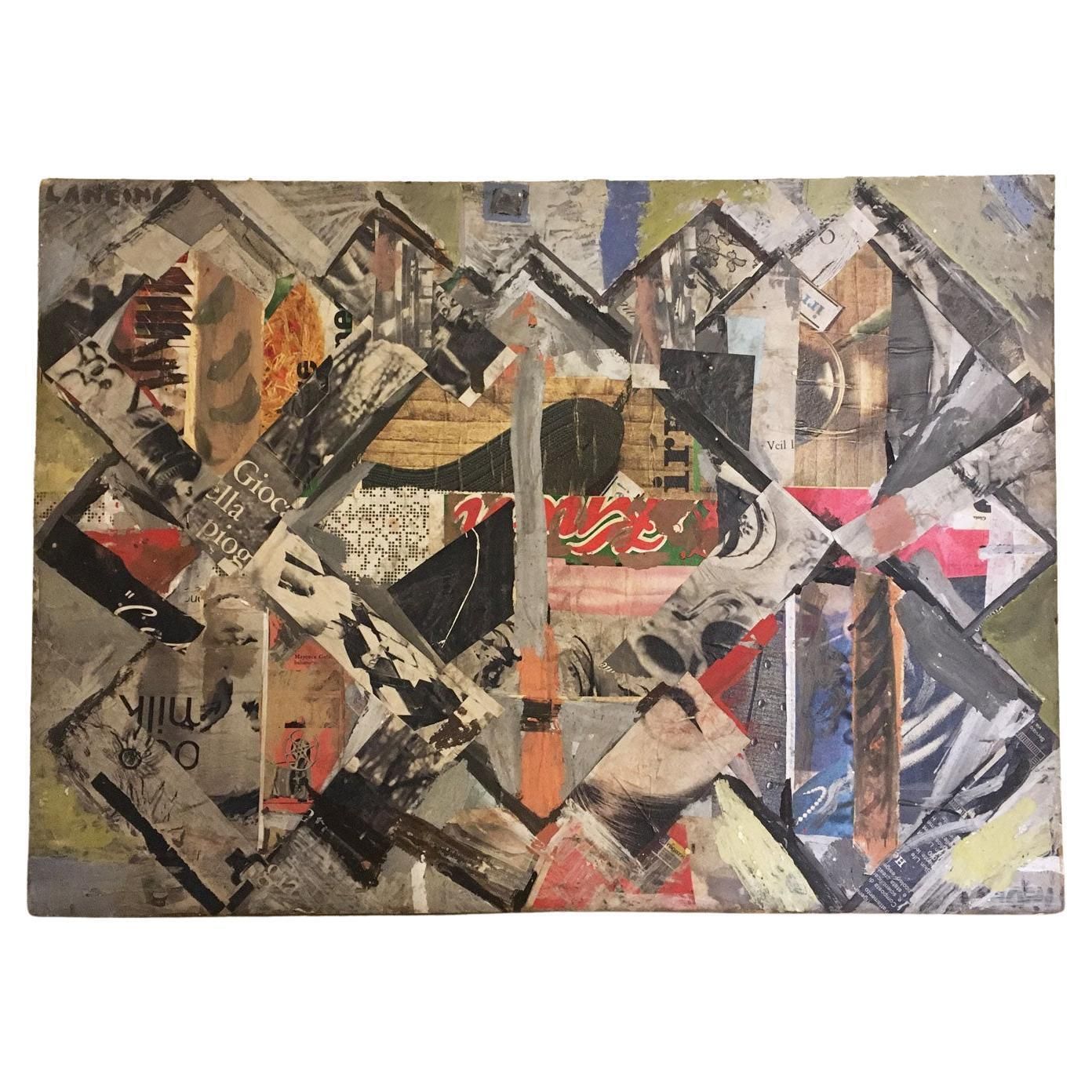 1960 Italy Abstract Painting And Paper Collage By Ermete Lancini