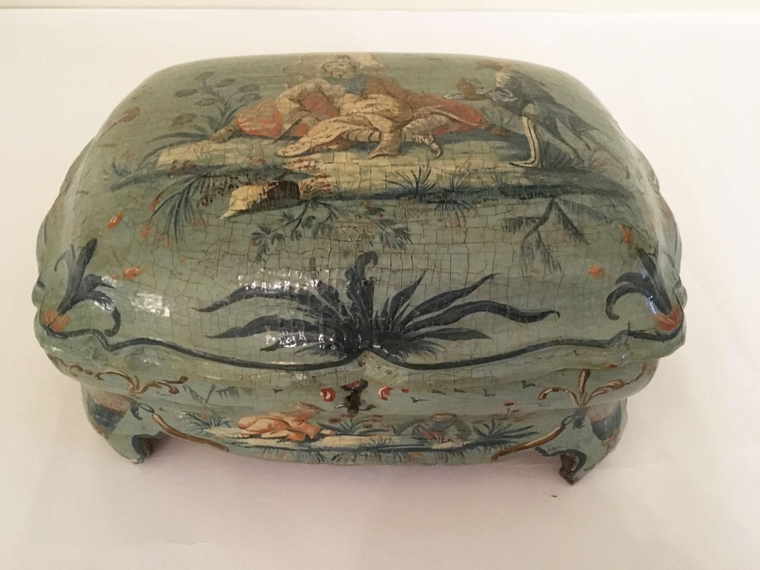 1750 Venezia Italy Green Light Blue Lacquered And Shaped Wooden Box With Flowers photo furniture