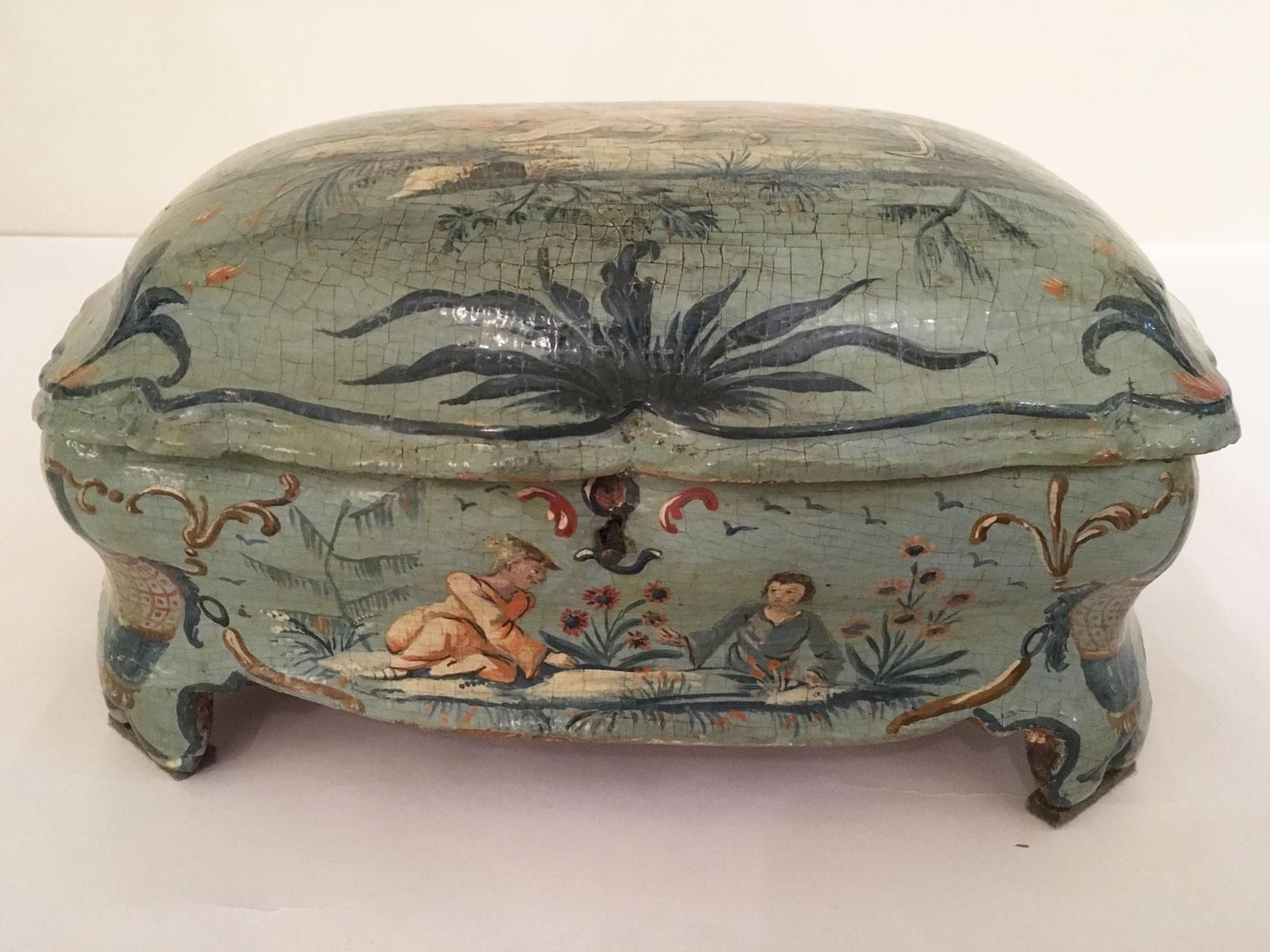 1750 Venezia Italy Green Light Blue Lacquered And Shaped Wooden Box With Flowers photo 15297.0