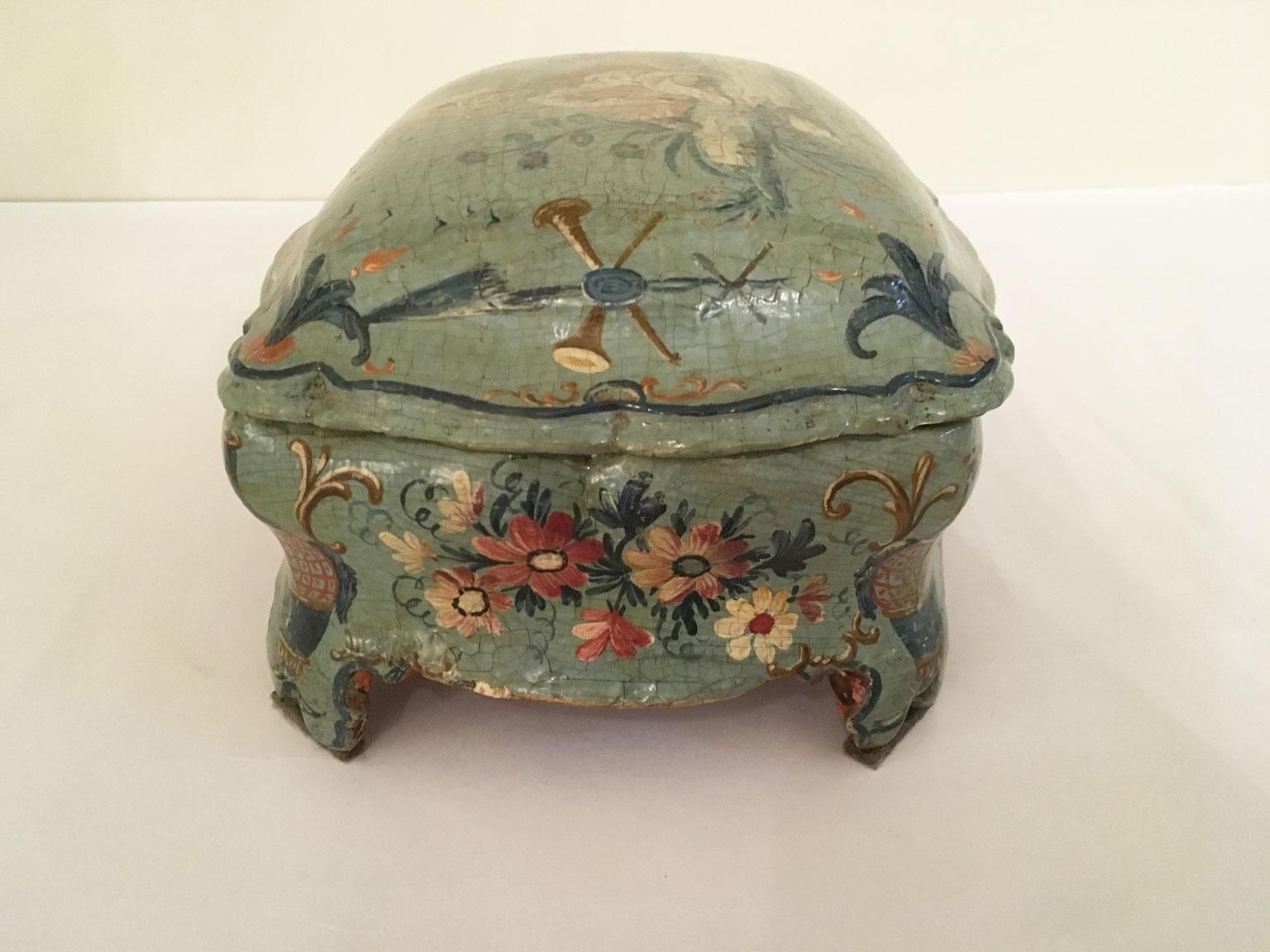 photo furniture 1750 Venezia Italy Green Light Blue Lacquered And Shaped Wooden Box With Flowers