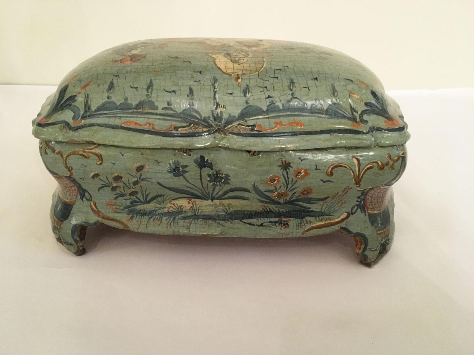 Home Decor 1750 Venezia Italy Green Light Blue Lacquered And Shaped Wooden Box With Flowers photo