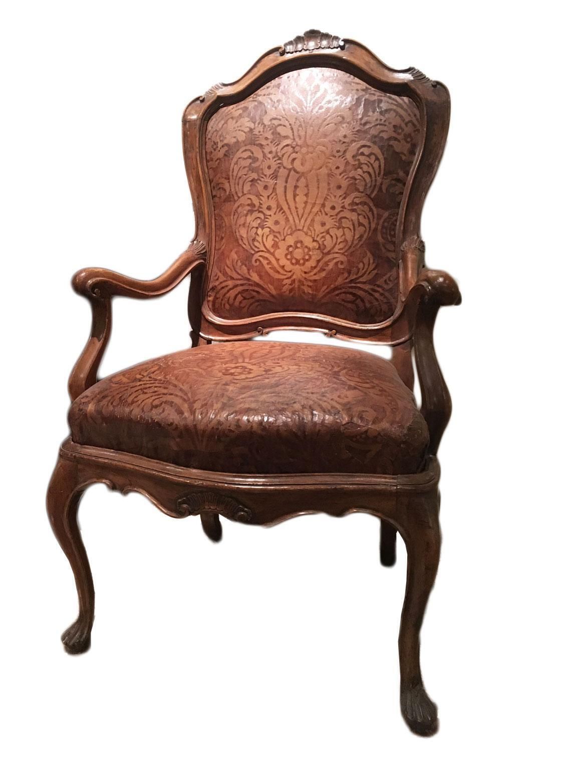 1750 Venezia Pair Of Armchairs In Carved Walnut Original Embossed Leather Covers photo furniture