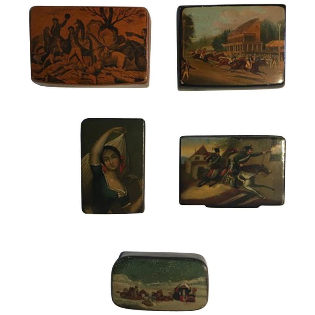 Mid 18th Century Set Of Five Wood Lacquered Boxes With Landscape Scenes