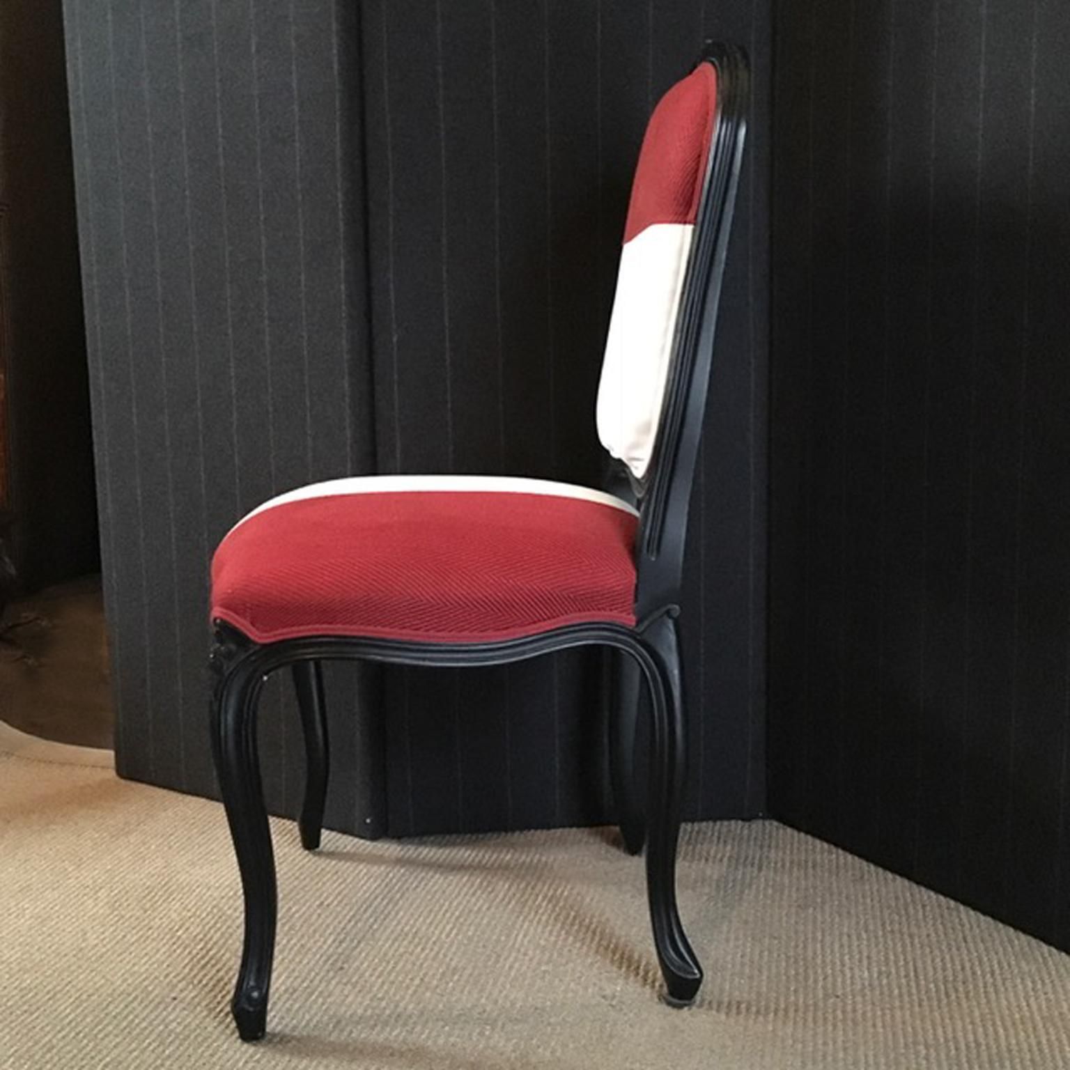 French Provincial Lacquered Black Wood Dining Chair Upholstered Red And White photo vinterior