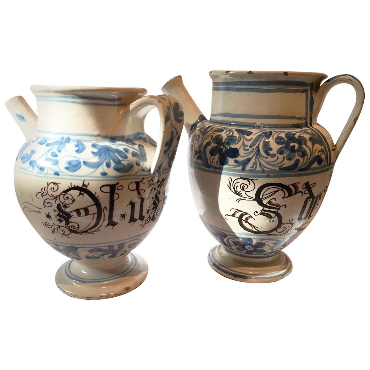 Italy Mid 18th Century Pair Of Ceramic Carafes In White And Blue For Pharmacy