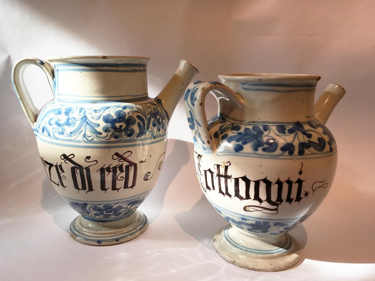 Italy Mid 18th Century Pair Of Ceramic Carafes In White And Blue For Pharmacy photo furniture
