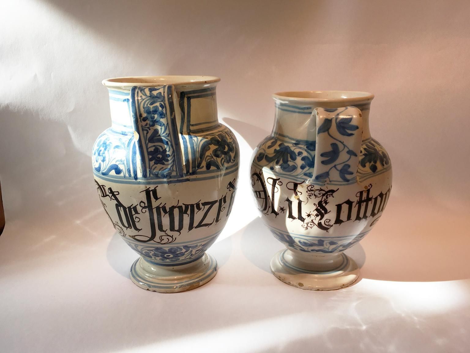 Italy Mid 18th Century Pair Of Ceramic Carafes In White And Blue For Pharmacy photo Home Decor