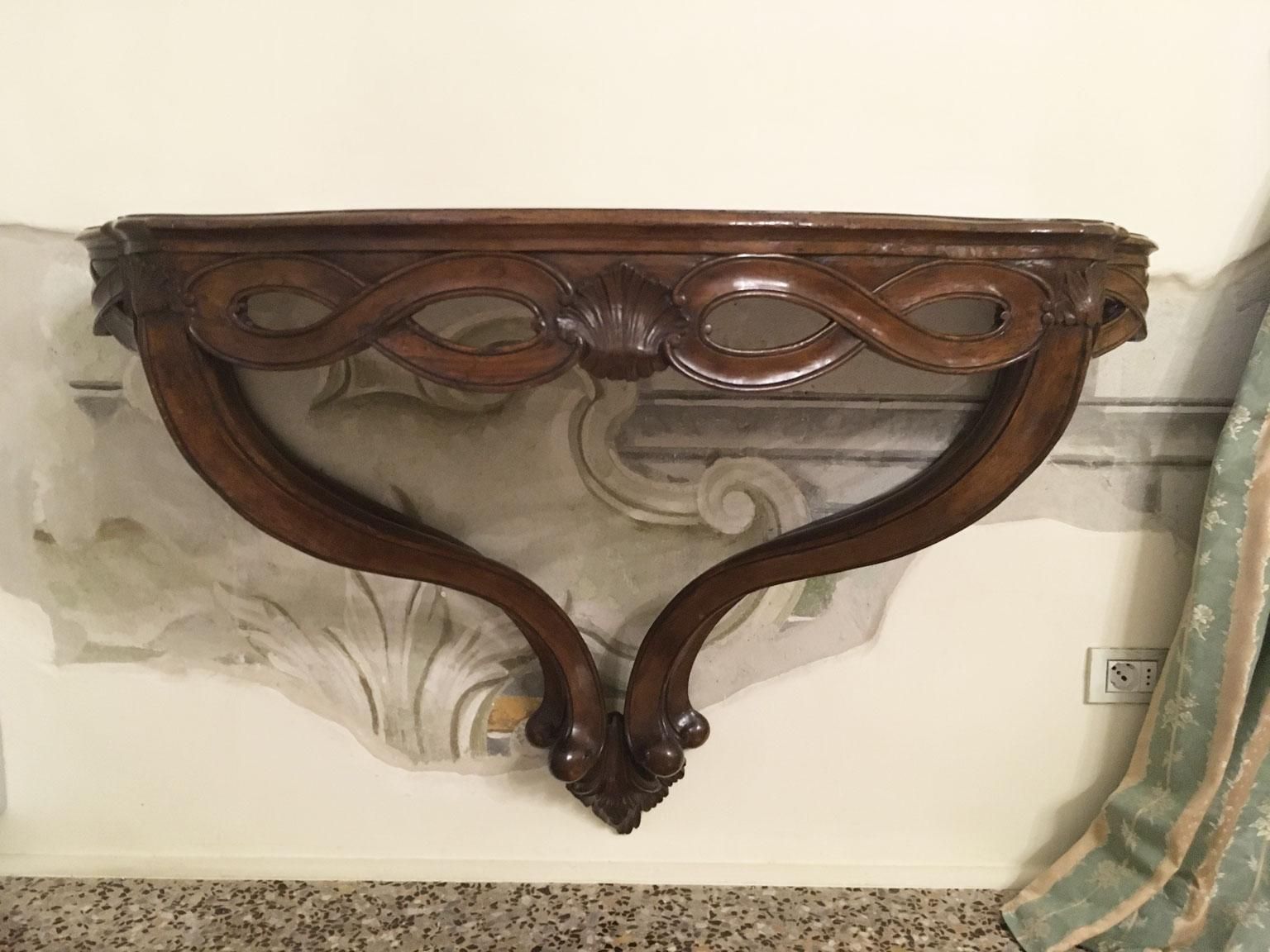 1750 Venezia Italy Walnut Solid Carved Hanging Console With Figure Eight Motifs photo furniture