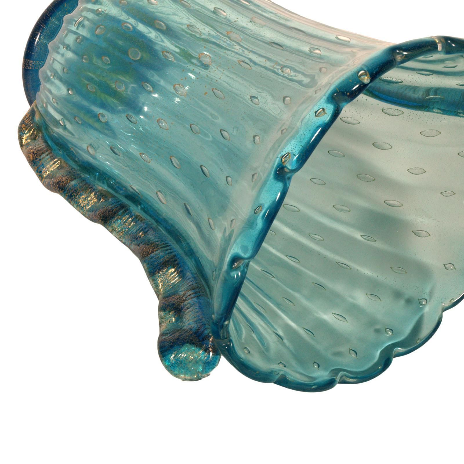 Art Deco Murano Glass Vase Signed Toso, Color Blue Transparent, Gold Leaf Dipped photo for sale