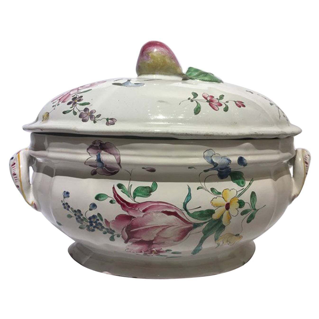 France Mid 18th Century Porcelain Soup Bowl Flowers And Fruits Drawings