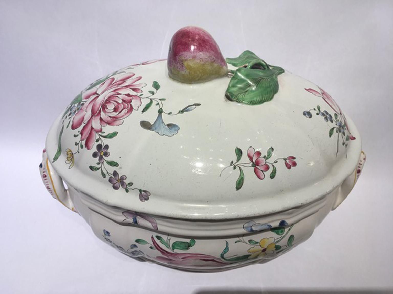France Mid 18th Century Porcelain Soup Bowl Flowers And Fruits Drawings photo 1020.0