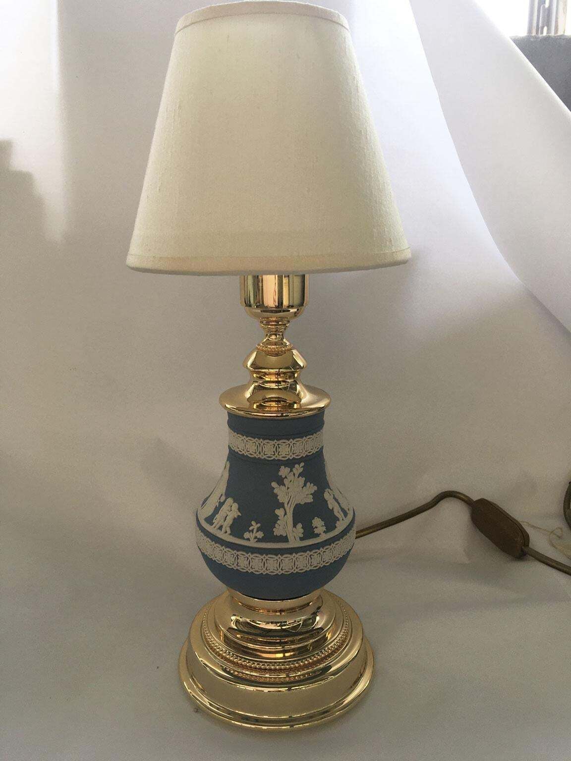 Italy 1970 Hollywood Regency Wedgwood Pale Blue Porcelain And Brass Table Lamp photo for sale