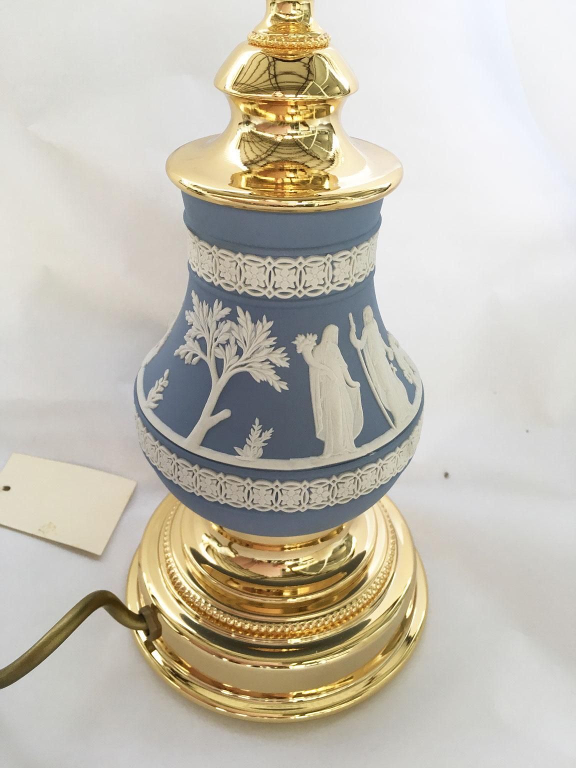 photo furniture Italy 1970 Hollywood Regency Wedgwood Pale Blue Porcelain And Brass Table Lamp