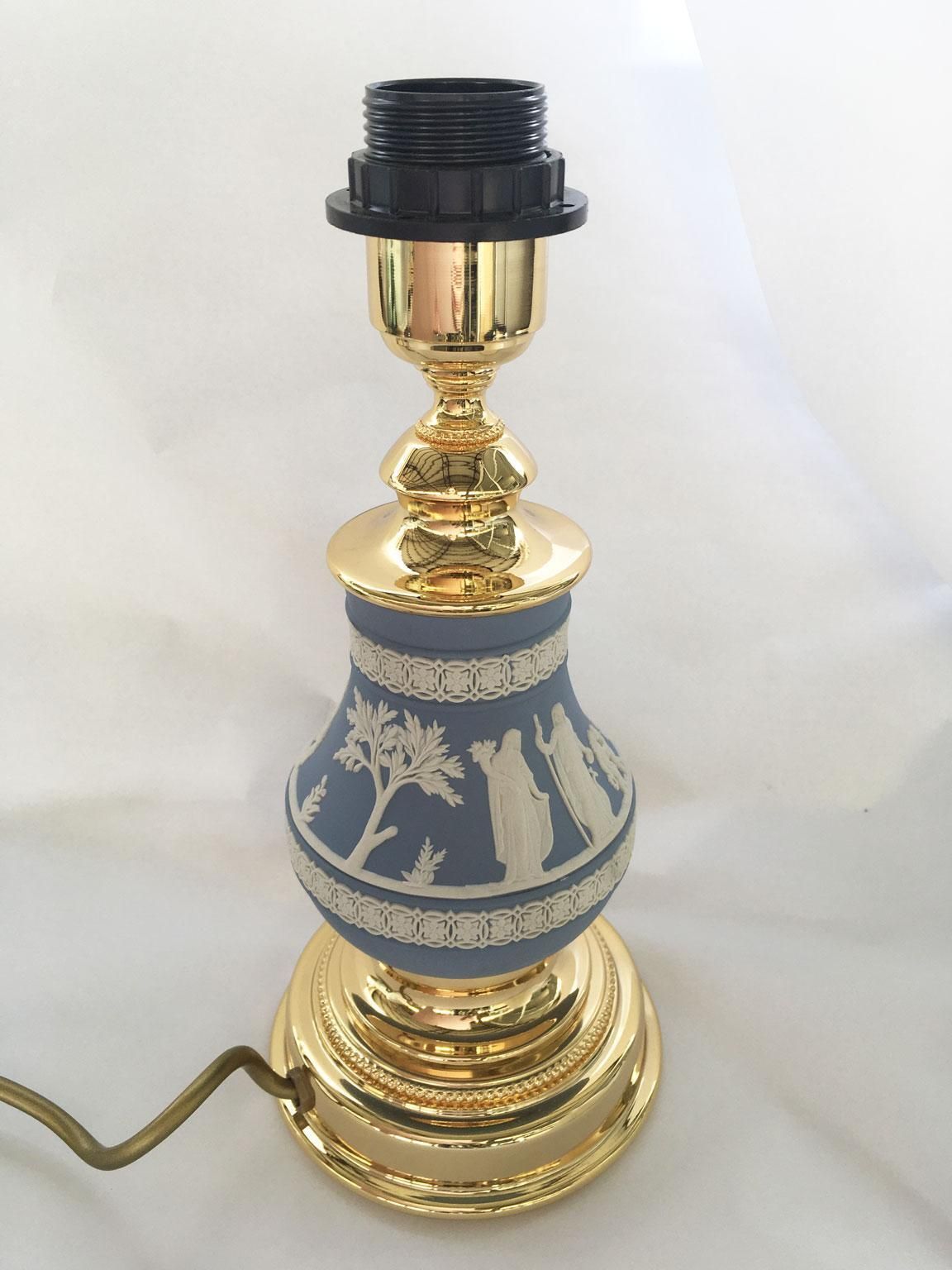 Lighting Italy 1970 Hollywood Regency Wedgwood Pale Blue Porcelain And Brass Table Lamp photo