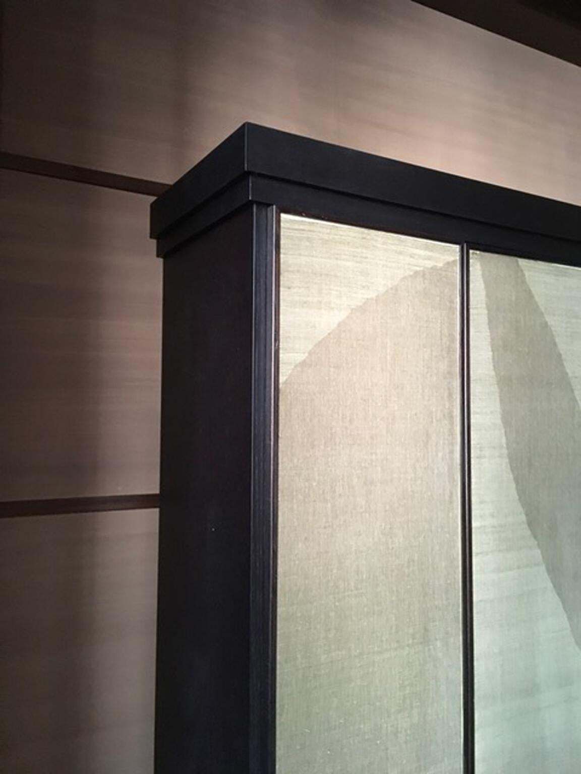 photo furniture Italy Postmodern Dark Oak Cabinet With Raffia Panels And Bronze Handles