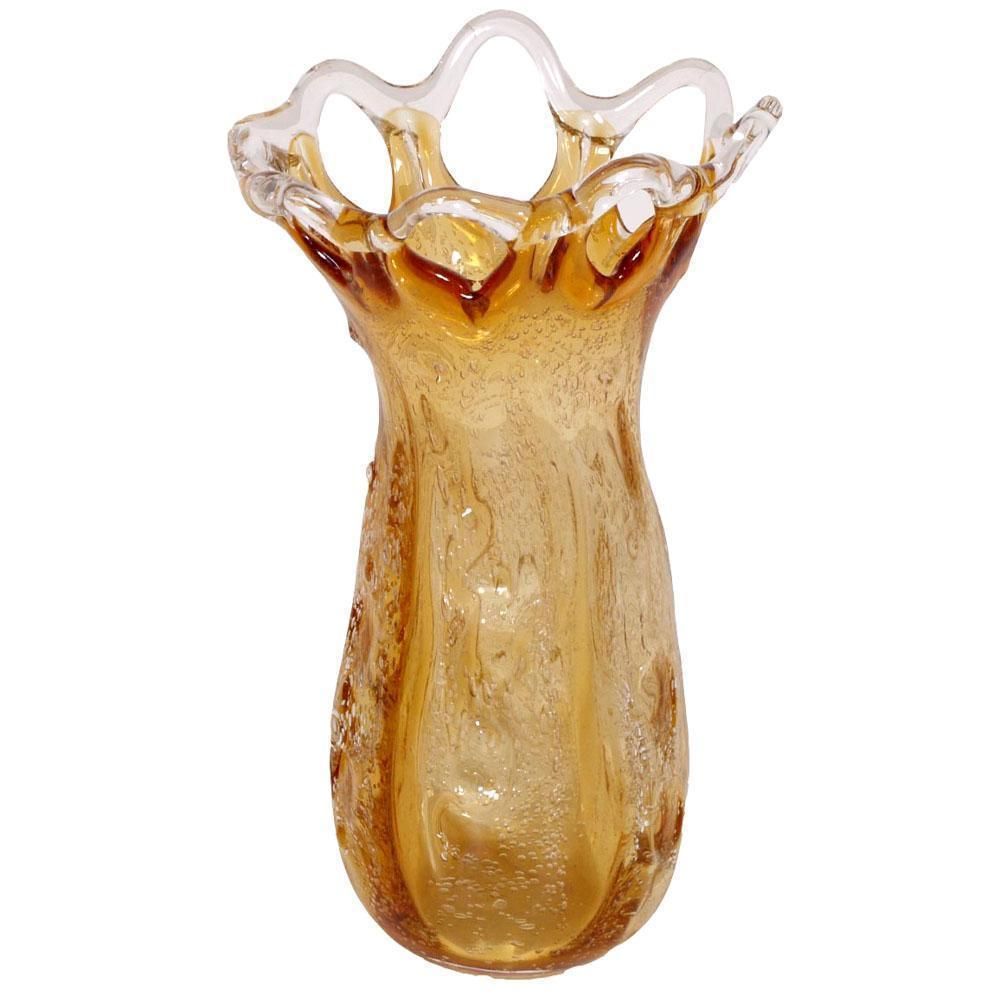Midcentury Art Decò Murano Glass Vase, Amber Color, "Pulegoso" By Mazzega