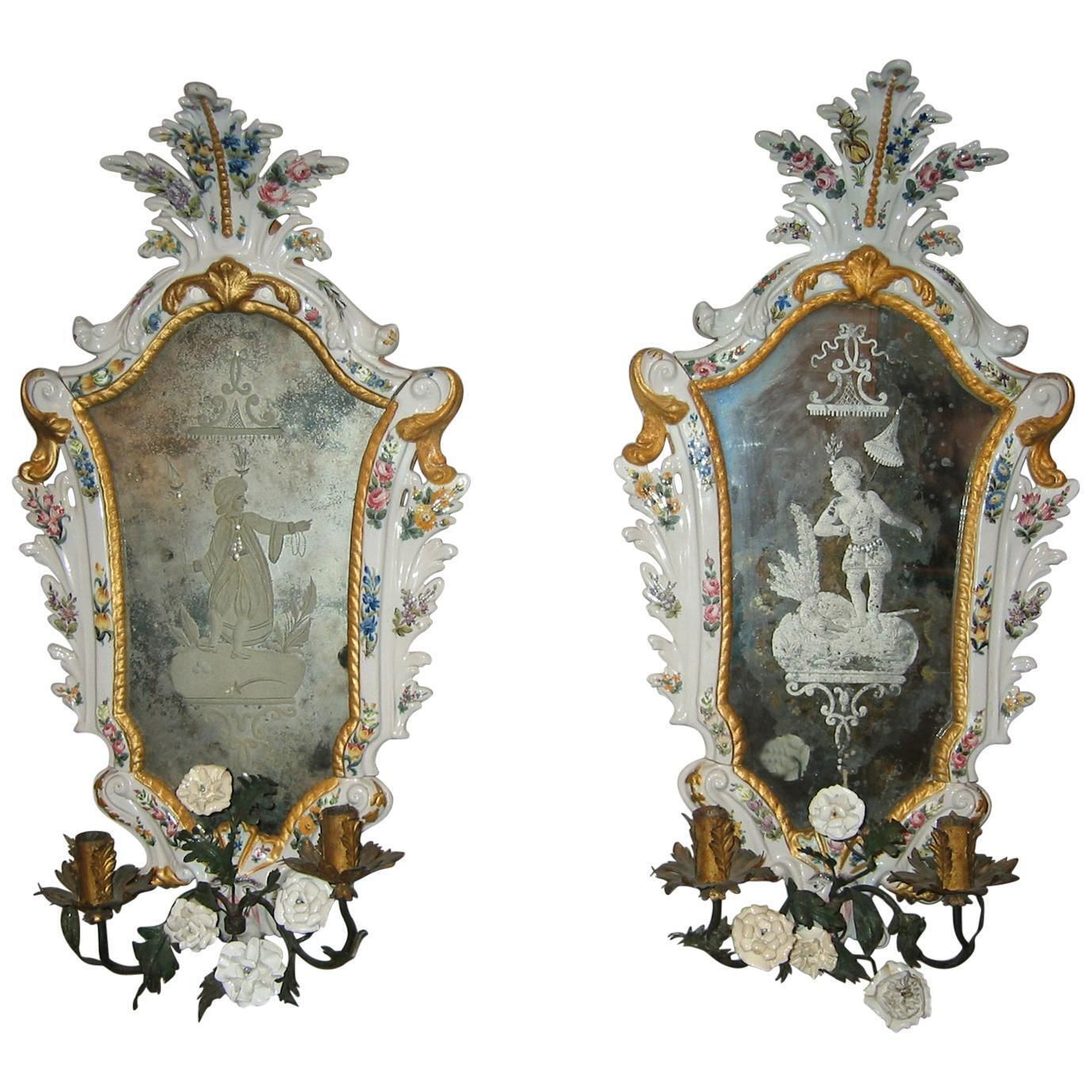 19th Century  Pair Italian White Porcelain Baroque Mirrors With Flowers