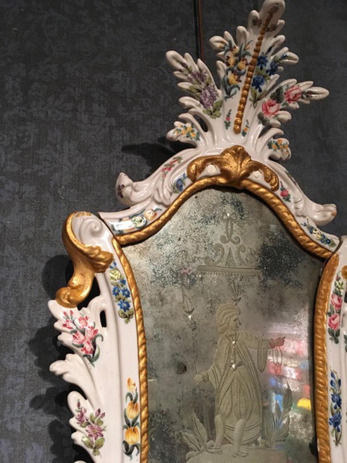 19th Century  Pair Italian White Porcelain Baroque Mirrors With Flowers photo Home Decor