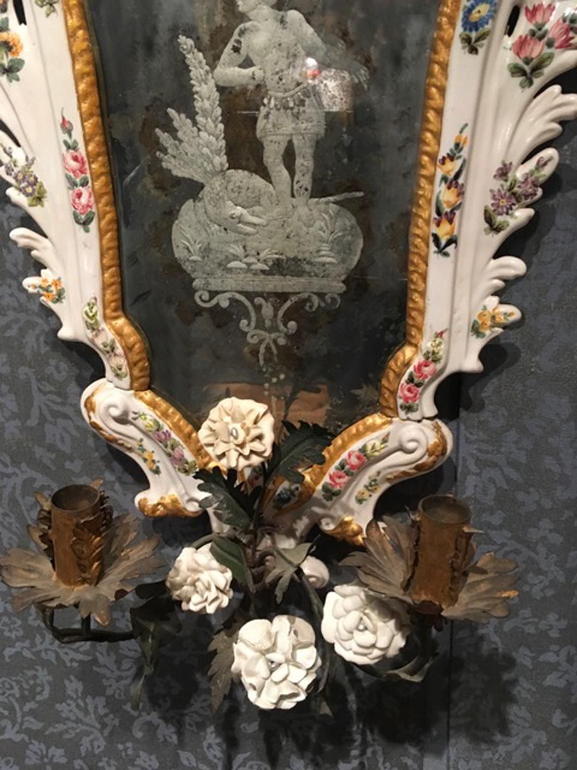 photo buy 19th Century  Pair Italian White Porcelain Baroque Mirrors With Flowers