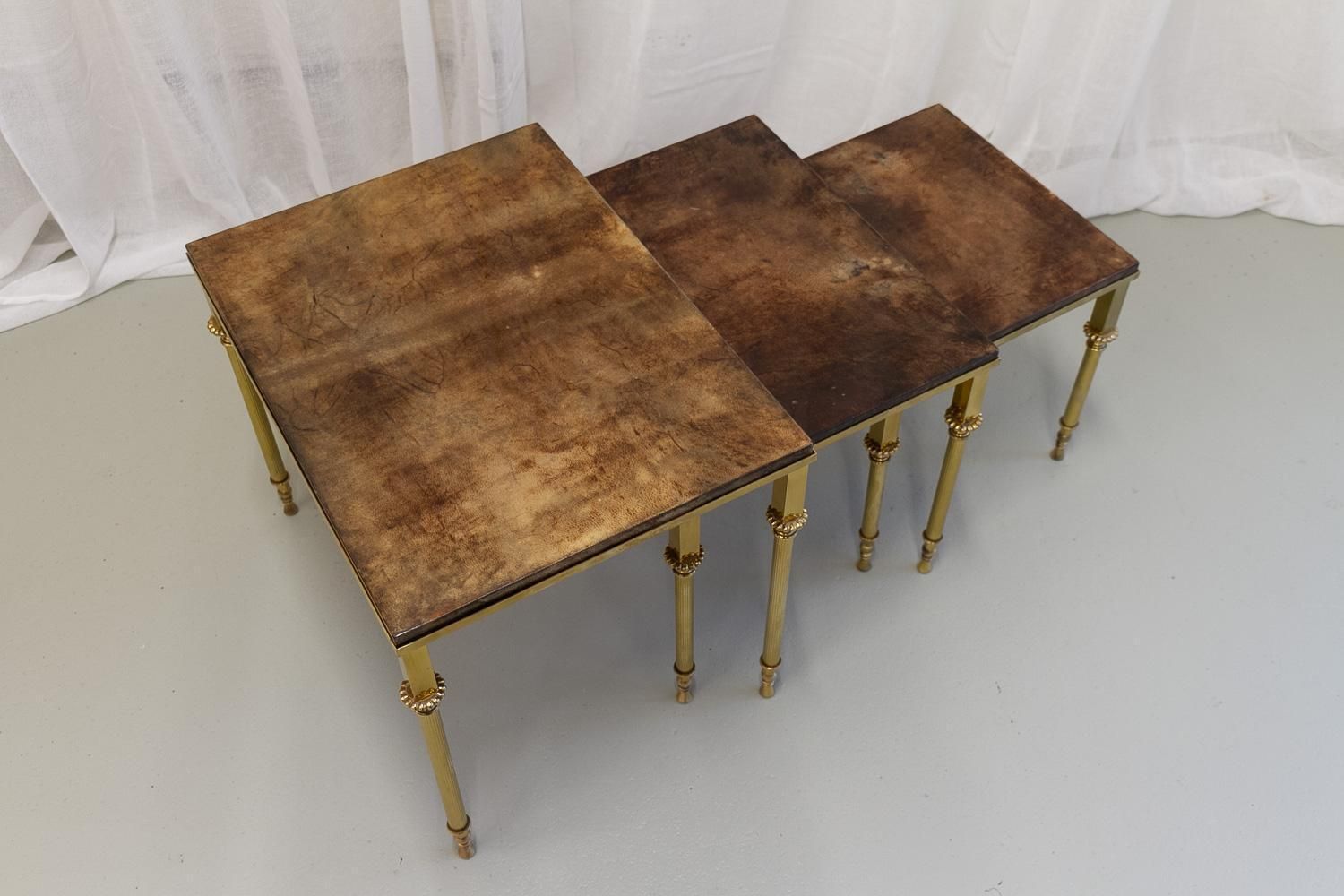 Mid Century Italian Brass And Goatskin Side Tables By Aldo Tura, 1960s. Set Of 3 photo furniture