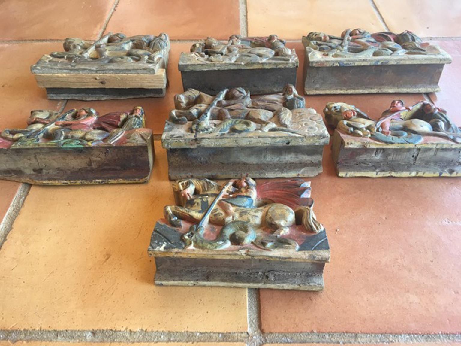 1786.0 Italy Sicily Late 19th Century Set 7 Kitchen Wooden Tiles With Rural Scenes photo
