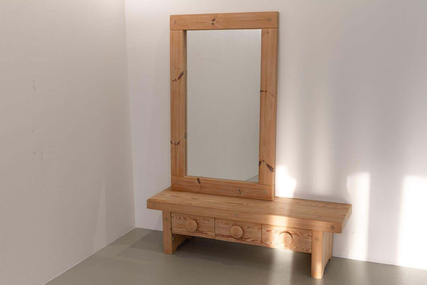 Swedish Modern Pine Bench And Mirror By Ruben Ward For Fröseke, 1970s. photo furniture