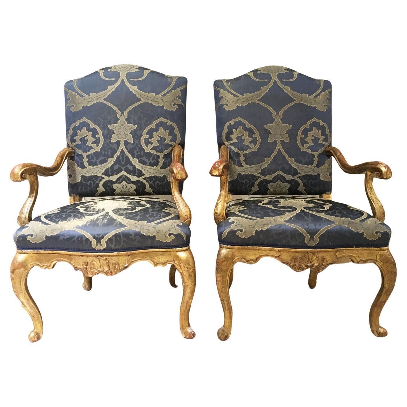 1750 Venezia Italy Pair Of Rococo Carved Giltwood Armchairs