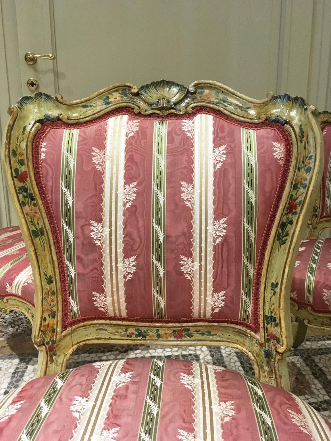 Furniture 1750 Venezia Italy Set 3 Green Lacquered Wooden Engraved Chairs With Flowers photo