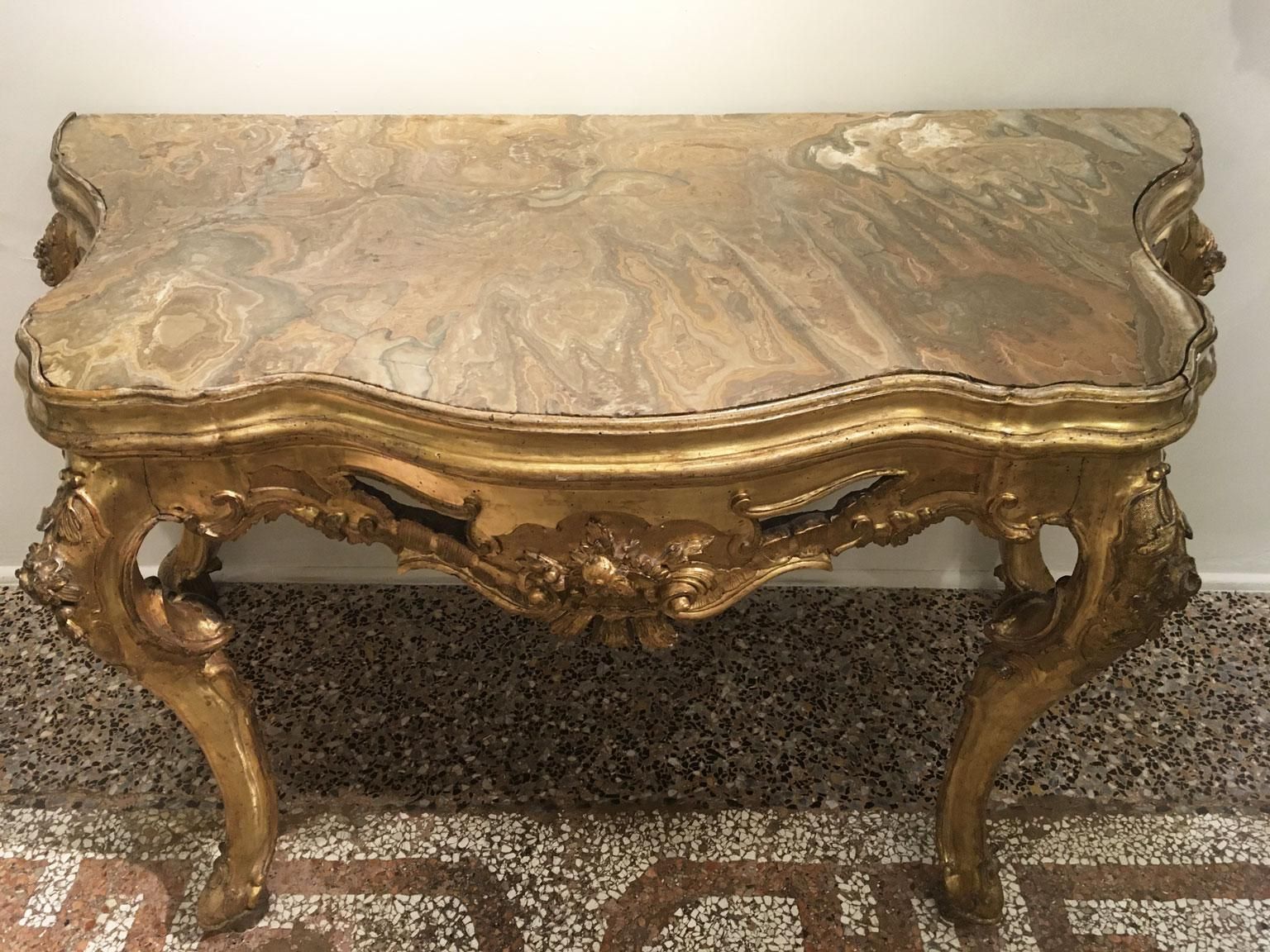 1725 Venezia Italy Giltwood Engraved Console With Onyx  Marble Top photo for sale