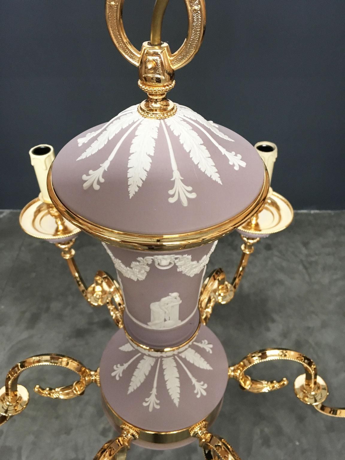 Lighting 1970 Italy Lilac Brass And Porcelain Chandelier Hollywood Regency Style 6 Lights photo