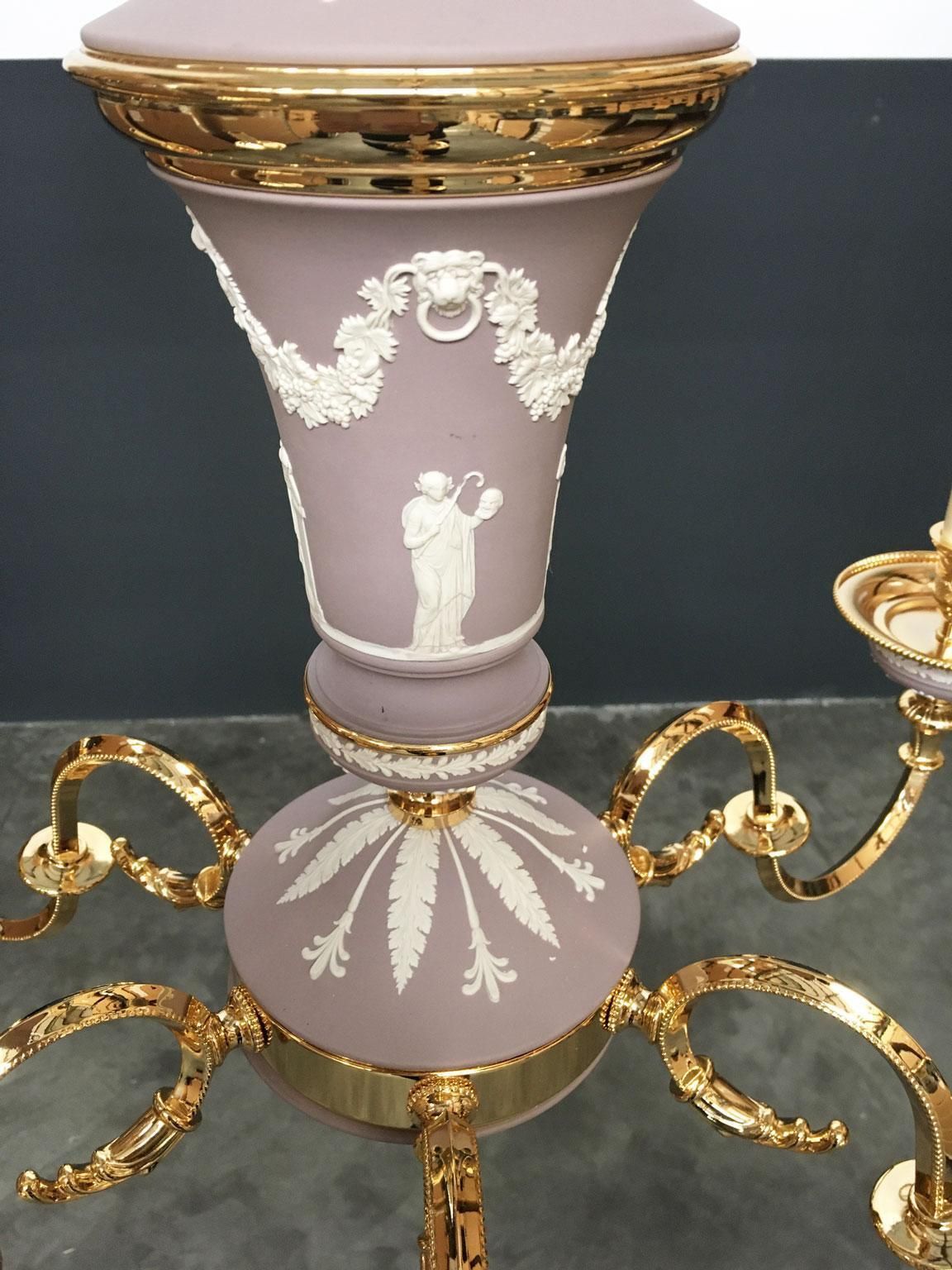 3910.0 1970 Italy Lilac Brass And Porcelain Chandelier Hollywood Regency Style 6 Lights photo