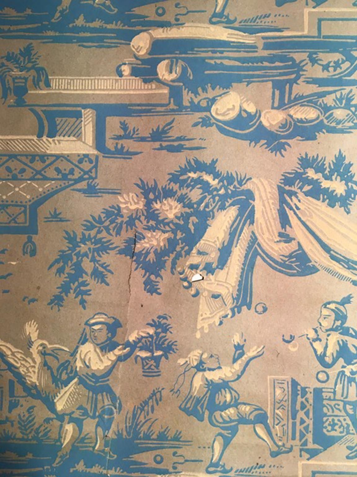 photo for sale France 18th Century Wallpaper With Landscape Scenes In Turquoise Color