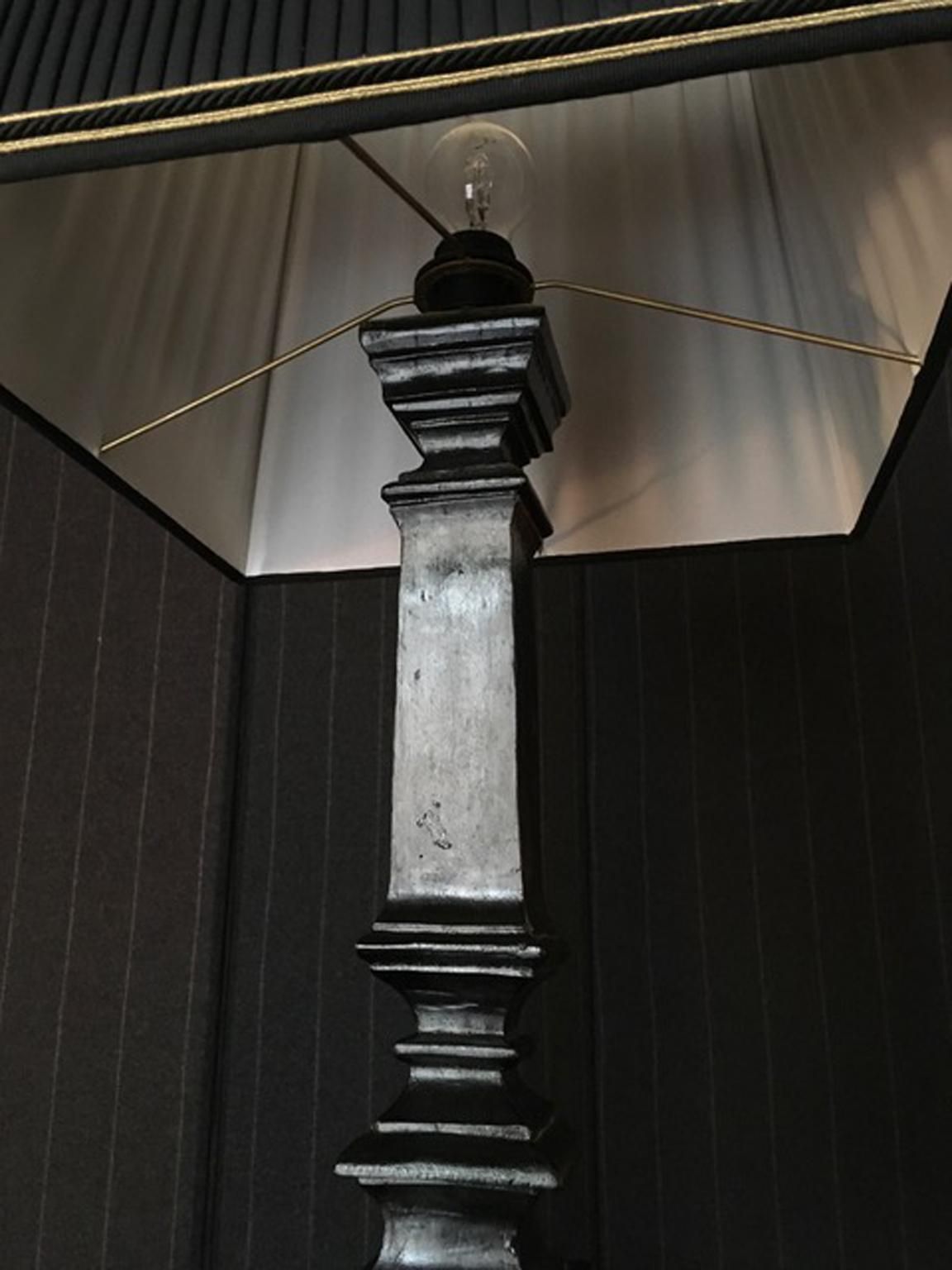 France Black Laquered Wood Table Lamp With Black Fabric Lampshade photo vintage