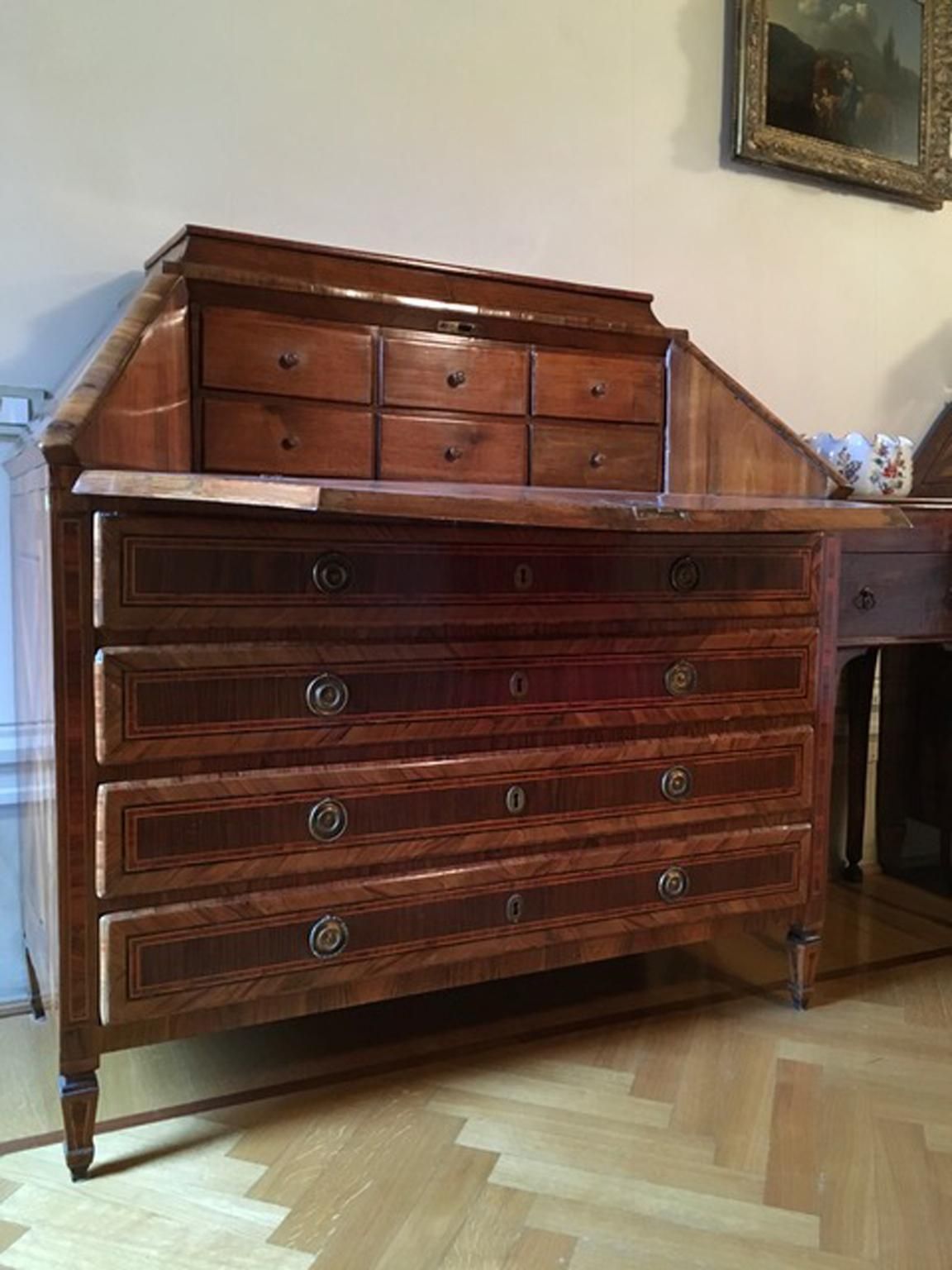 photo for sale 18th Century Pair Of Italian Inlaid Walnut Chests Of Drawers With Secretaire