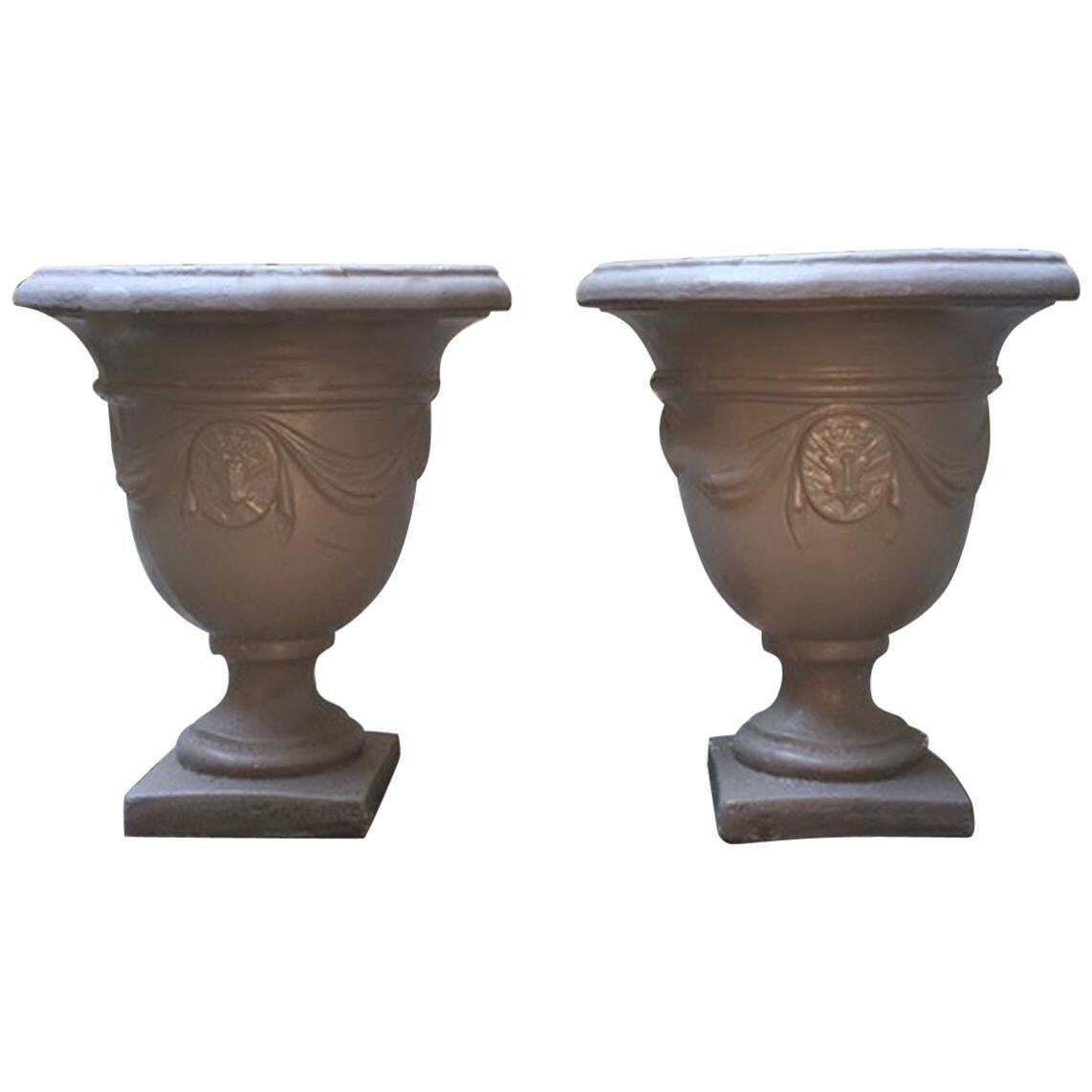 Pair Of Italian Neoclassical Style Stone Paste Gardens Urns Hand Paint Mud Color