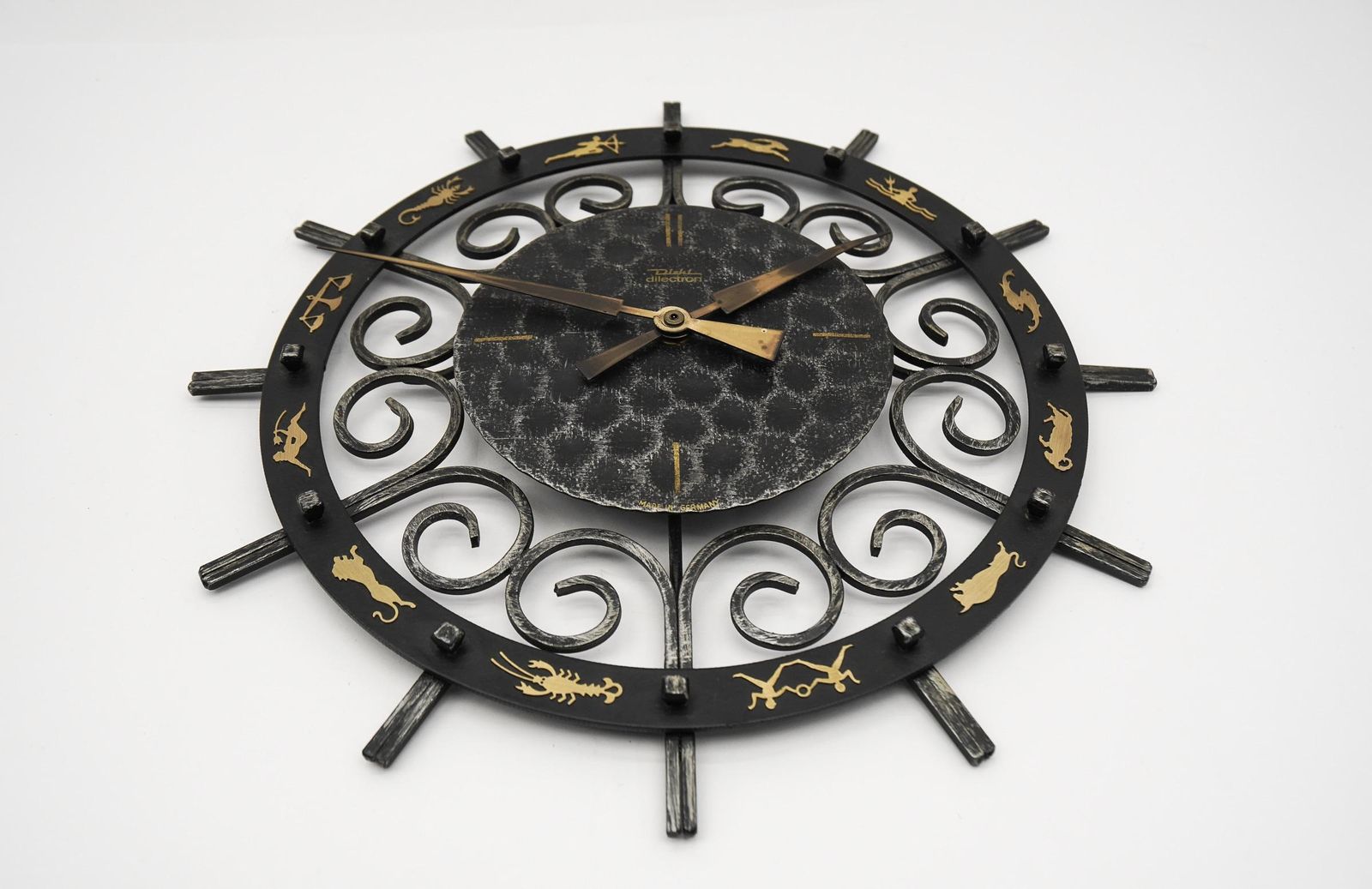 Mid Century Modern Iron And Brass Zodiac Wall Clock By Diehl Electric, 1960s photo furniture