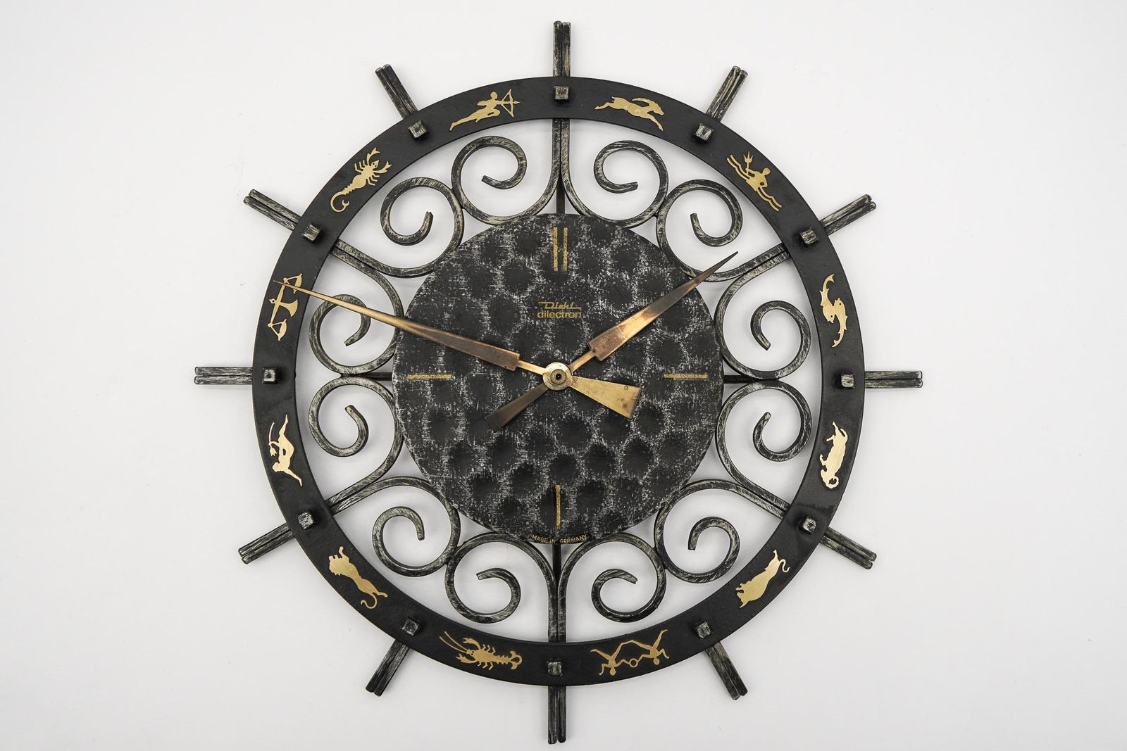 Mid Century Modern Iron And Brass Zodiac Wall Clock By Diehl Electric, 1960s photo buy