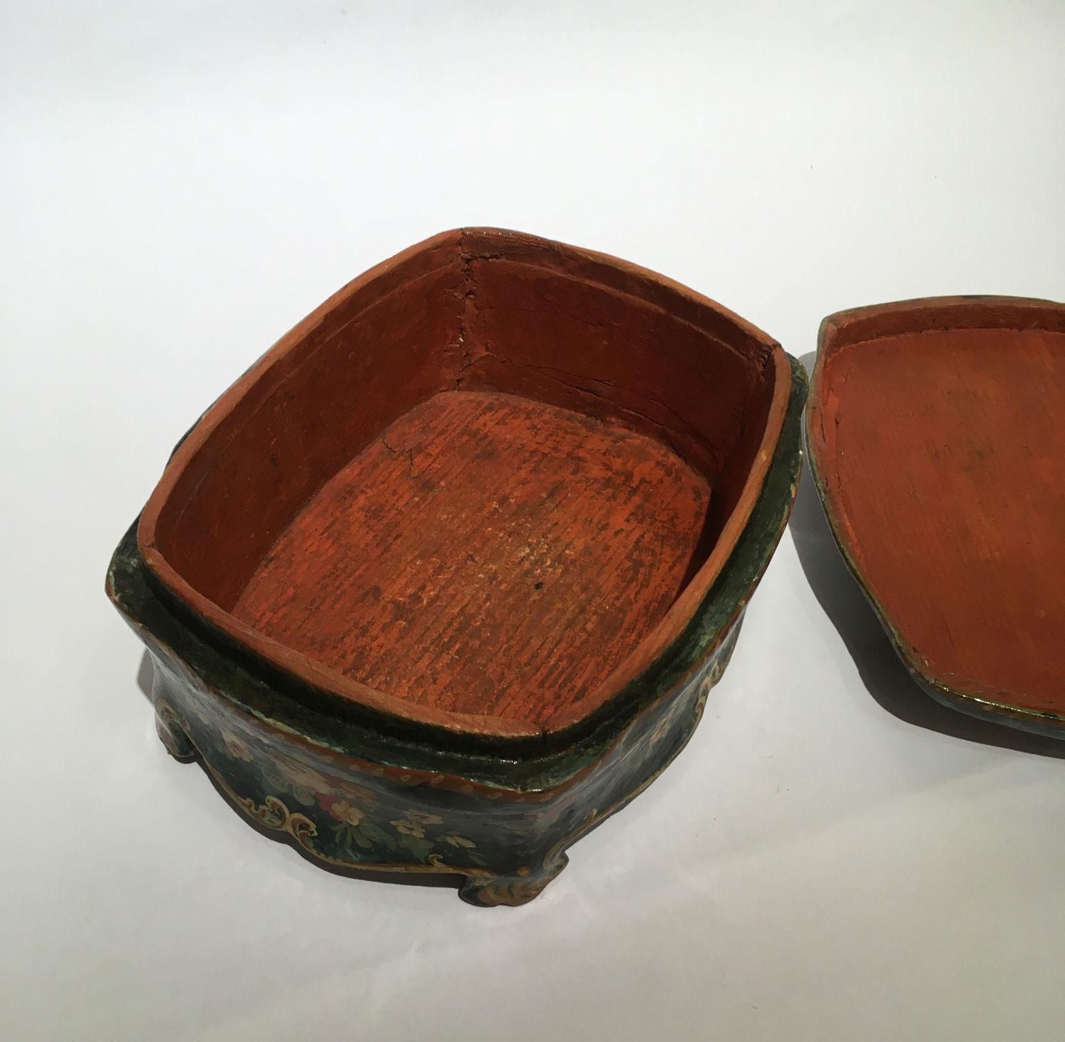 Home Decor 1750 Venezia Italy Green Lacquered Wooden Box Jewelry Case And Floral Decoration photo