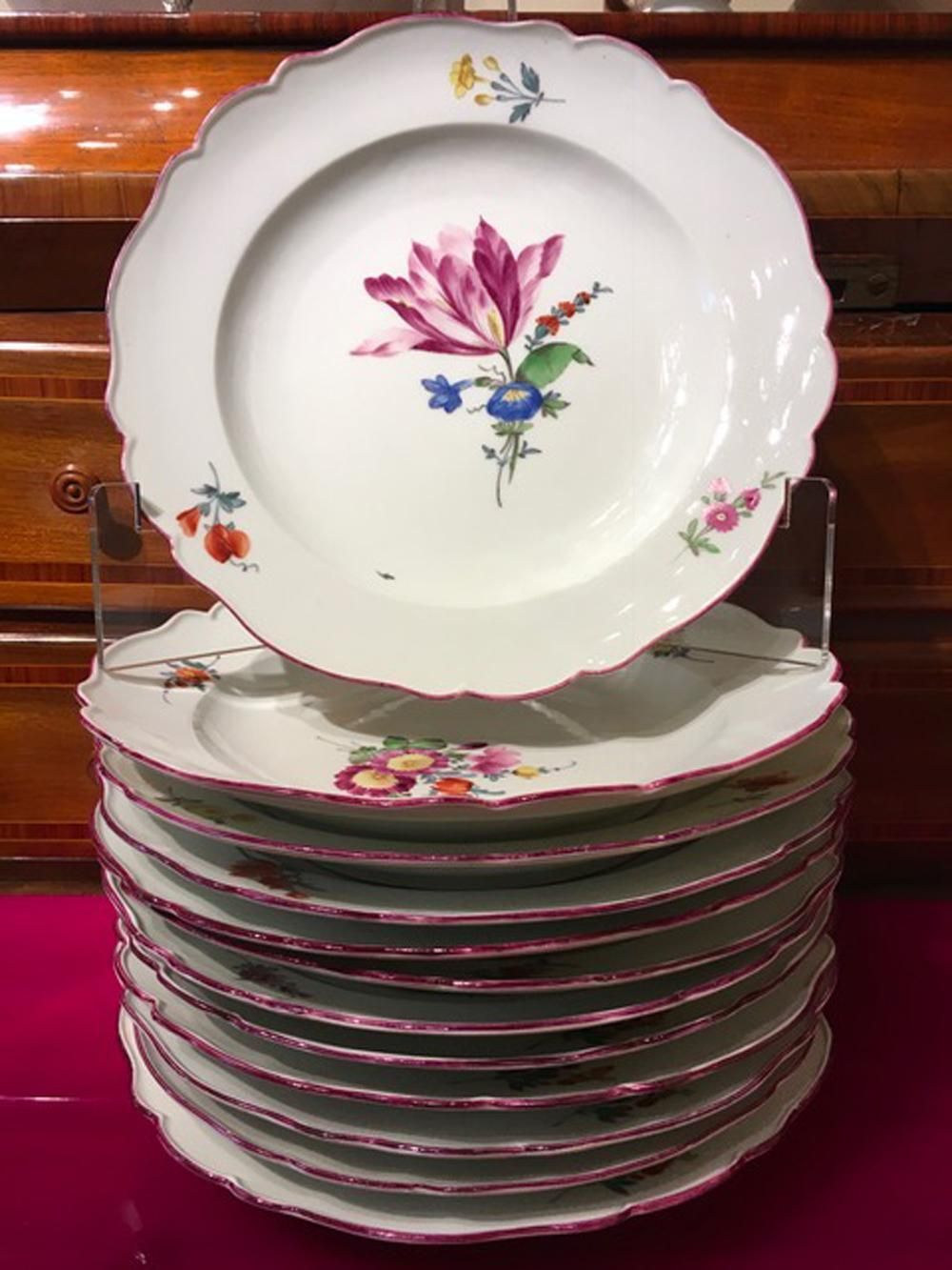 18th Century Meissen Set 12 Baroque Porcelain Dining Dishes With Floral Decor photo furniture