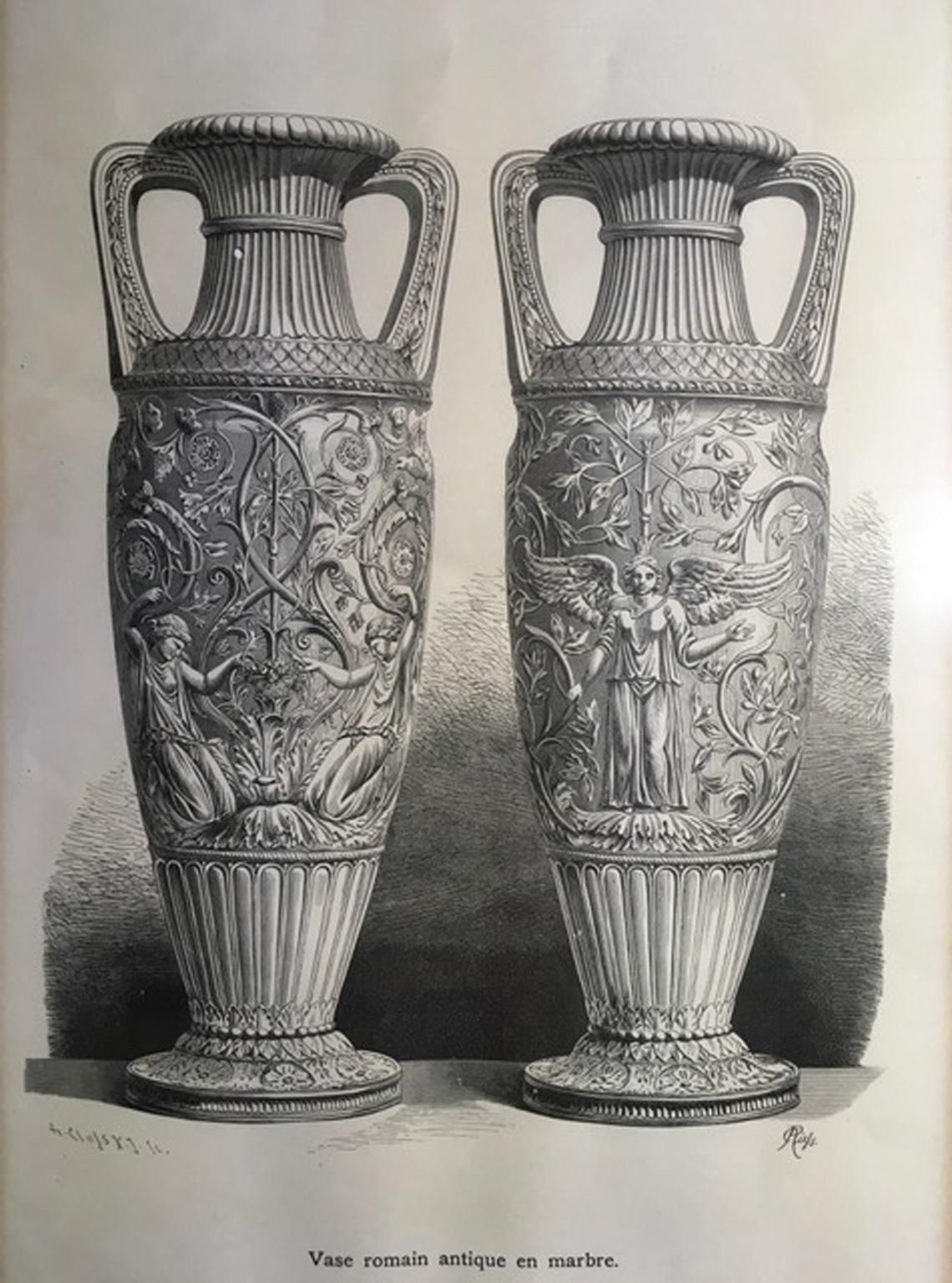 1850 France Antique Roman Marble Urnes Neoclassical Black And White Print photo vinterior