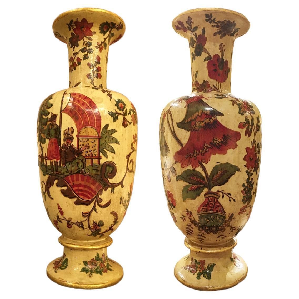 Italy Late 18th Century Pair Yellow Lacquered On Silk Wooden Vases With Flowers