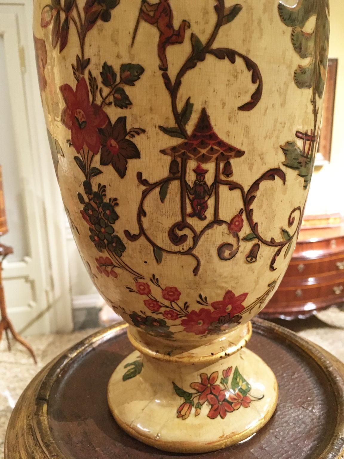 photo furniture Italy Late 18th Century Pair Yellow Lacquered On Silk Wooden Vases With Flowers