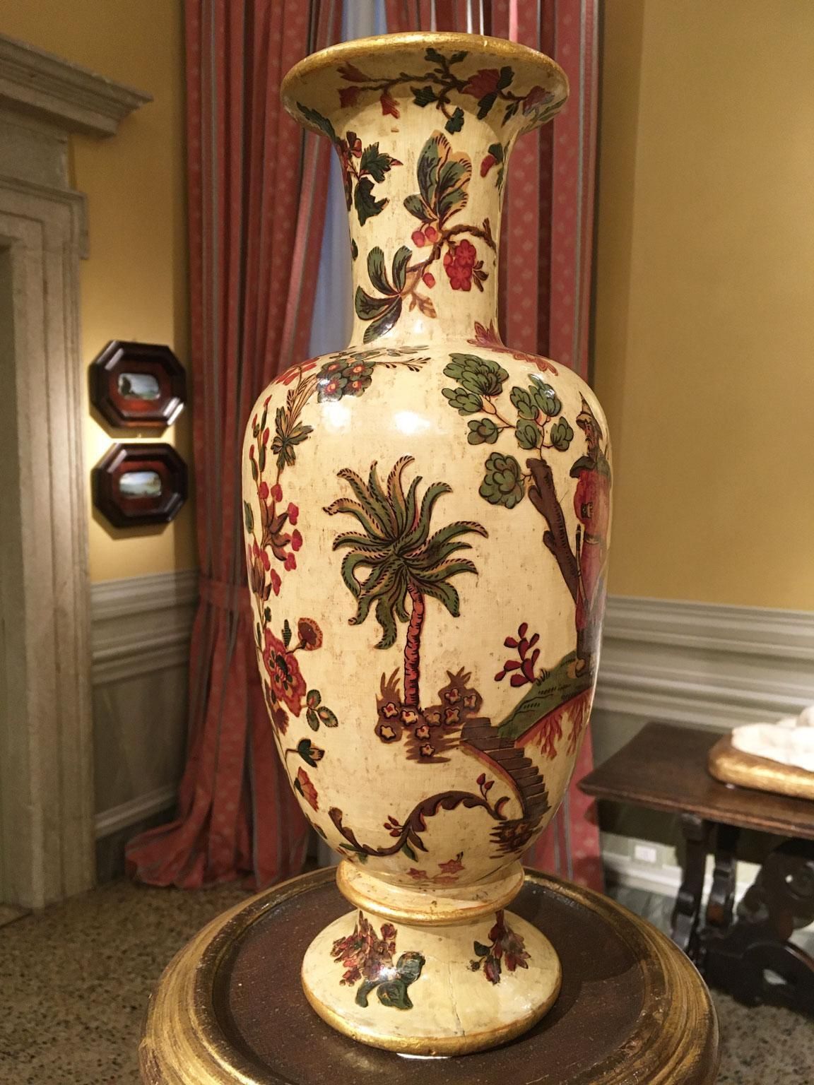 Home Decor Italy Late 18th Century Pair Yellow Lacquered On Silk Wooden Vases With Flowers photo