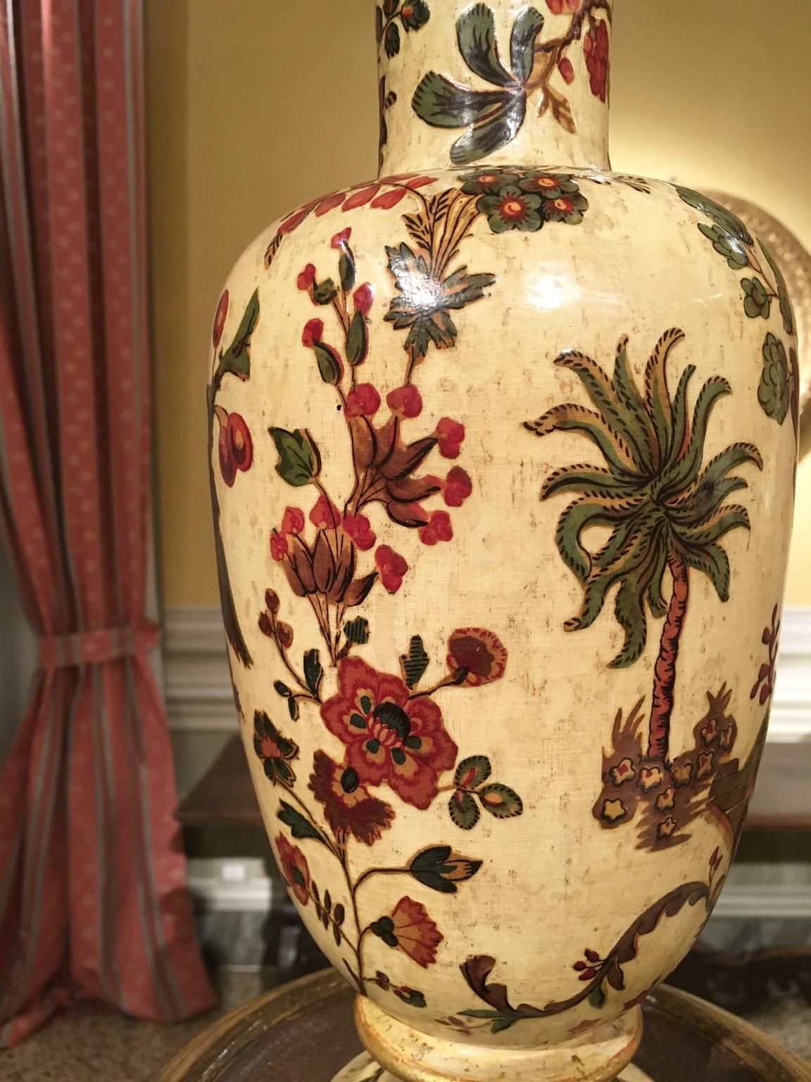 photo vinterior Italy Late 18th Century Pair Yellow Lacquered On Silk Wooden Vases With Flowers